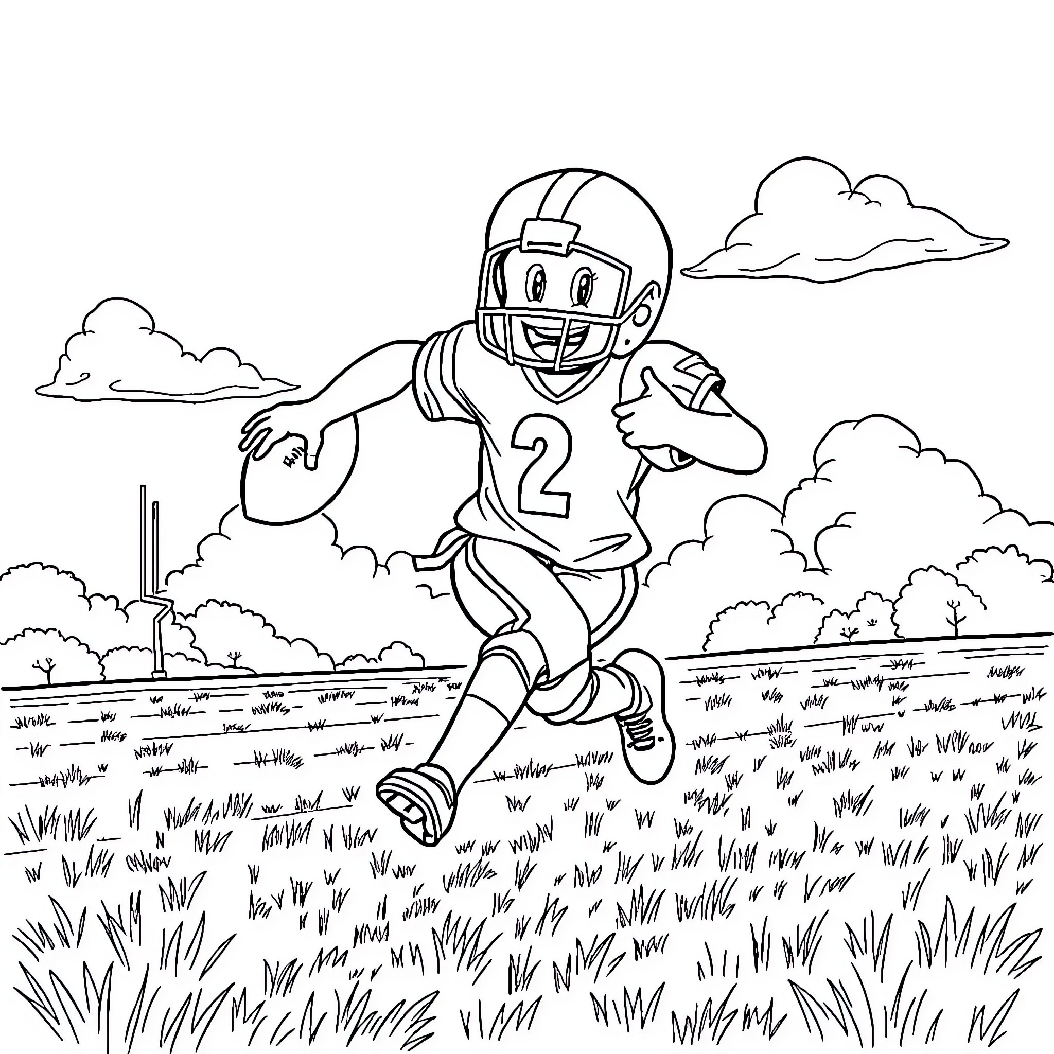 Freddy the Football Player on the Field Coloring Page (free black-and-white line drawing printable PDF for all, from beginners to advanced learners, including children, teens, adults, and seniors)