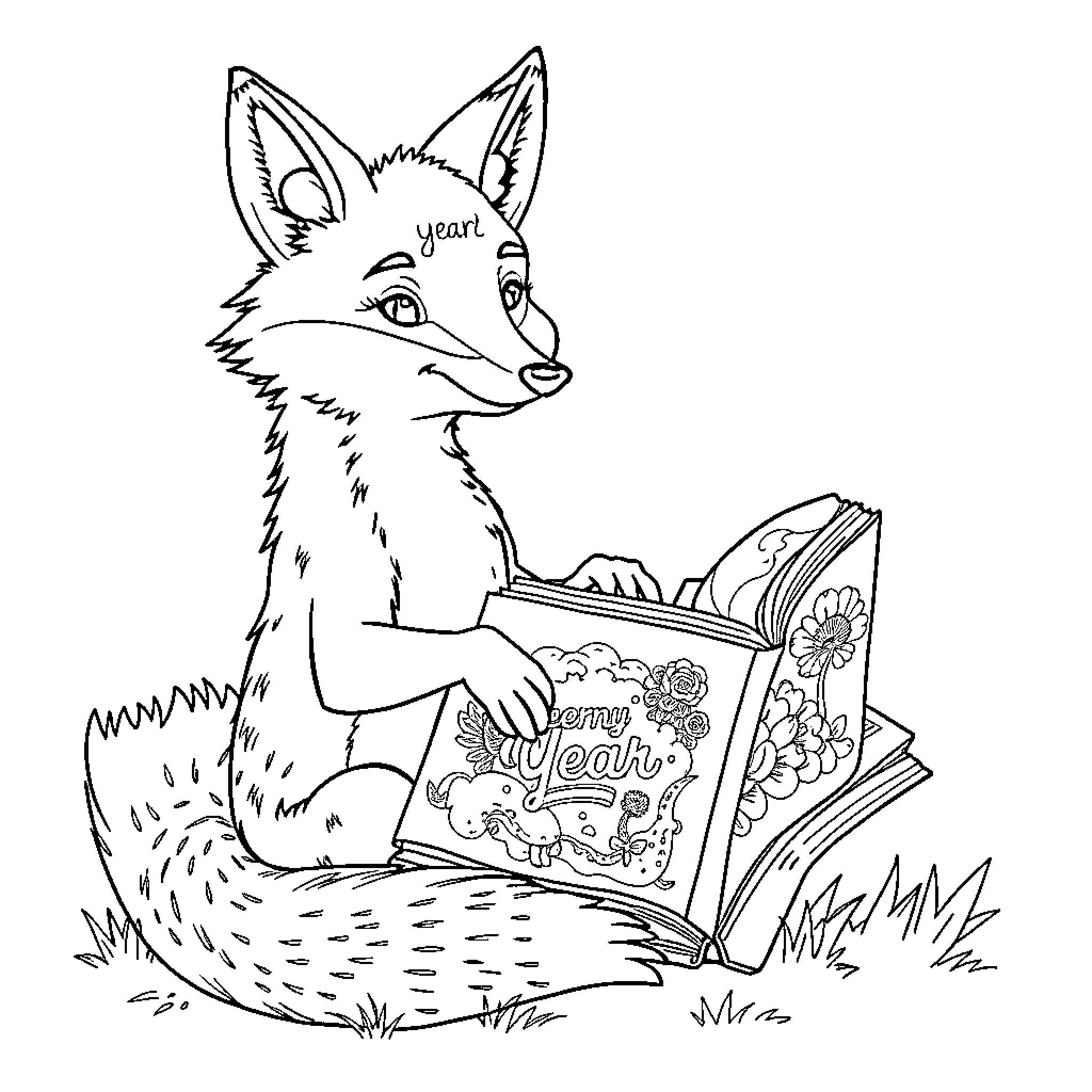 Fox reading a colorful book in nature Coloring Page (free black-and-white line drawing printable PDF for all, from beginners to advanced learners, including children, teens, adults, and seniors)
