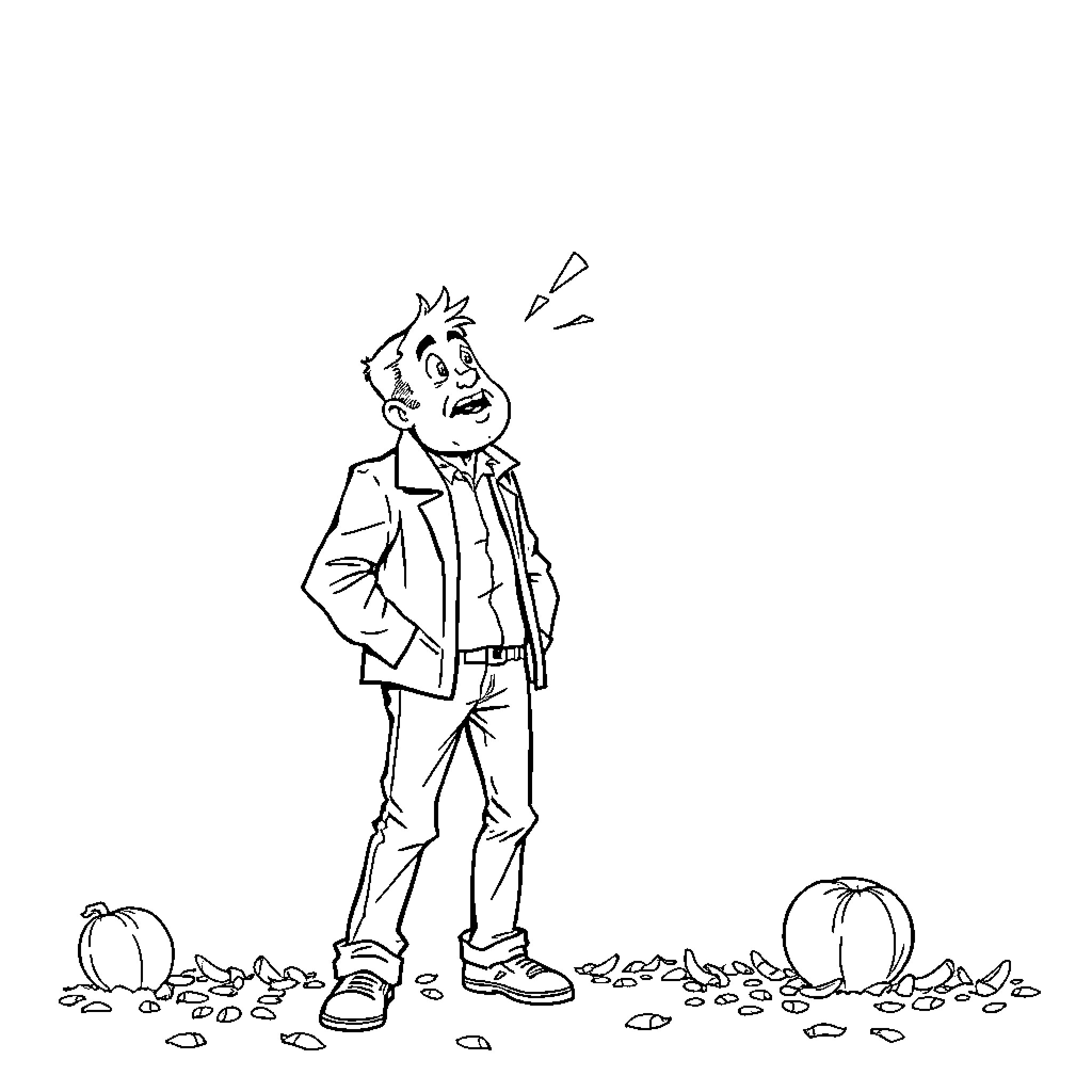 Fall Guy Stumbles Unexpectedly in Autumn Scene Coloring Page (free black-and-white line drawing printable PDF for all, from beginners to advanced learners, including children, teens, adults, and seniors)