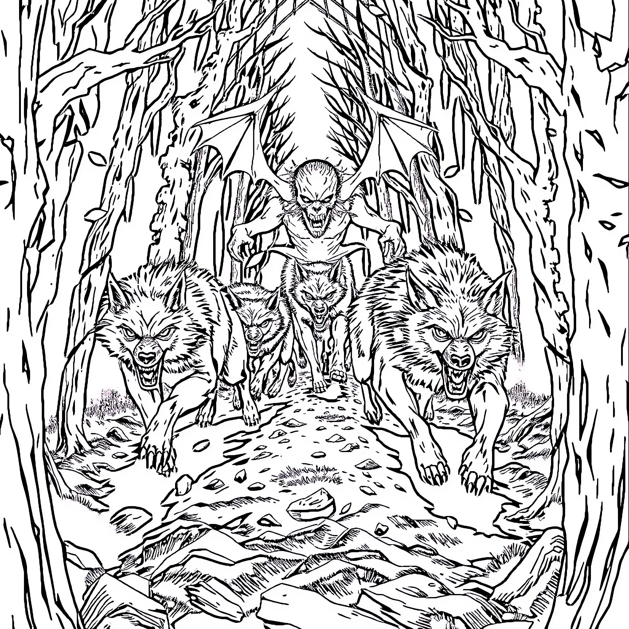 Werewolf pack stalking through the dark forest Coloring Page (free black-and-white line drawing printable PDF for all, from beginners to advanced learners, including children, teens, adults, and seniors)