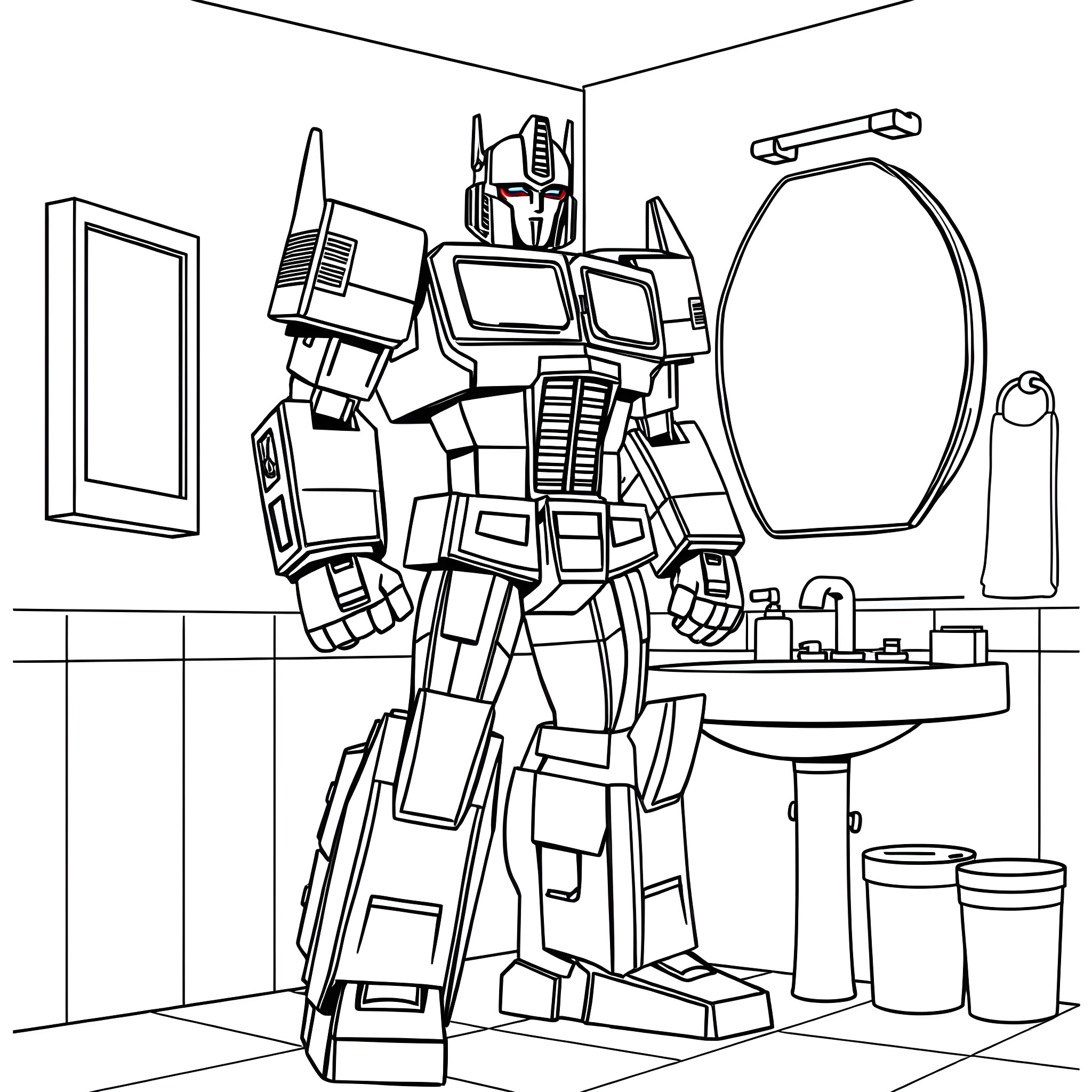 Optimus Prime transforming in a bathroom Coloring Page (free black-and-white line drawing printable PDF for all, from beginners to advanced learners, including children, teens, adults, and seniors)