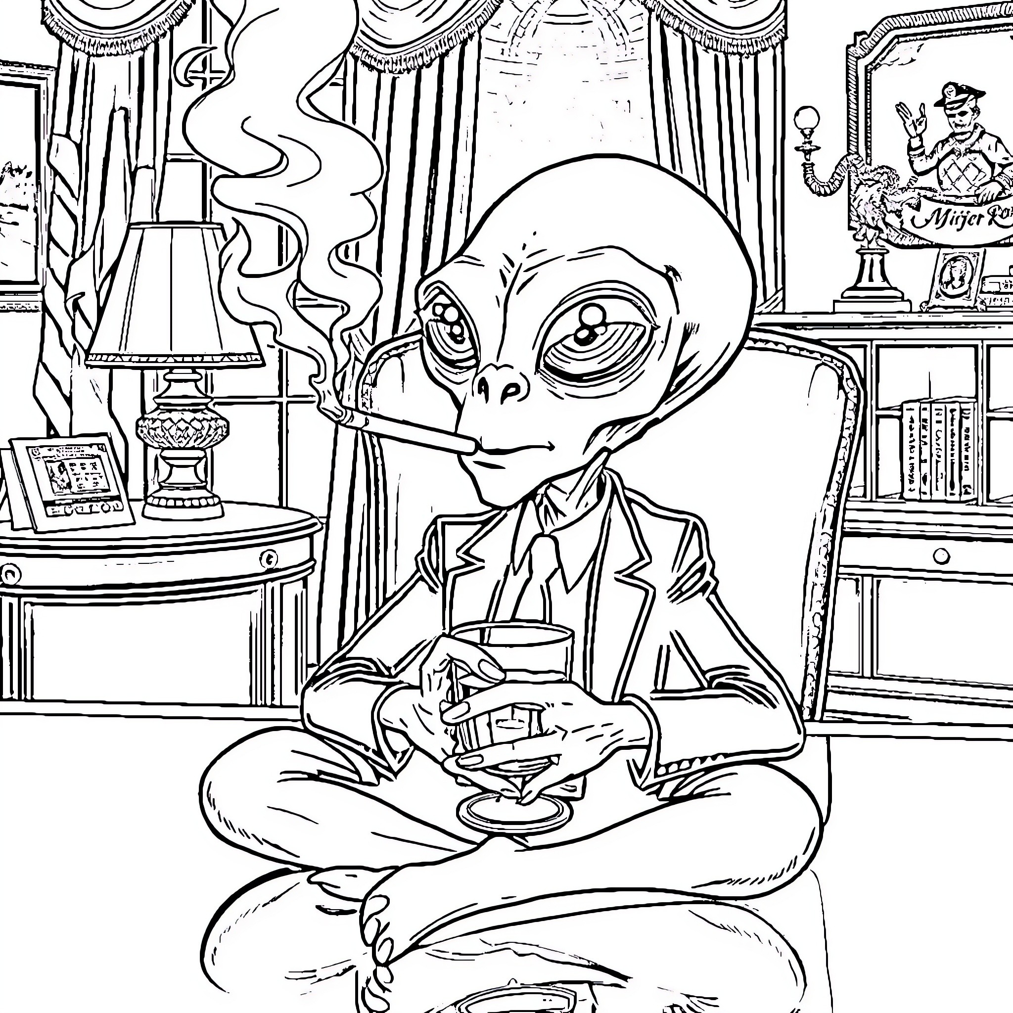 Alien enjoying a book in a cozy study Coloring Page (free black-and-white line drawing printable PDF for all, from beginners to advanced learners, including children, teens, adults, and seniors)