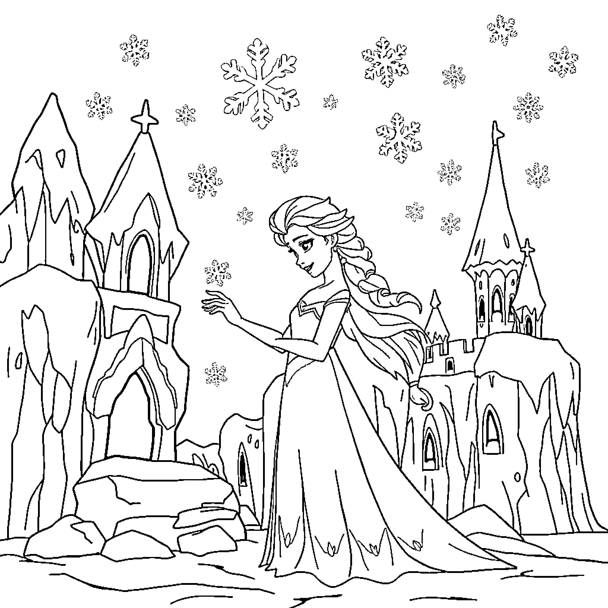 Elsa in a Snowy Winter Wonderland Coloring Page (free black-and-white line drawing printable PDF for all, from beginners to advanced learners, including children, teens, adults, and seniors)