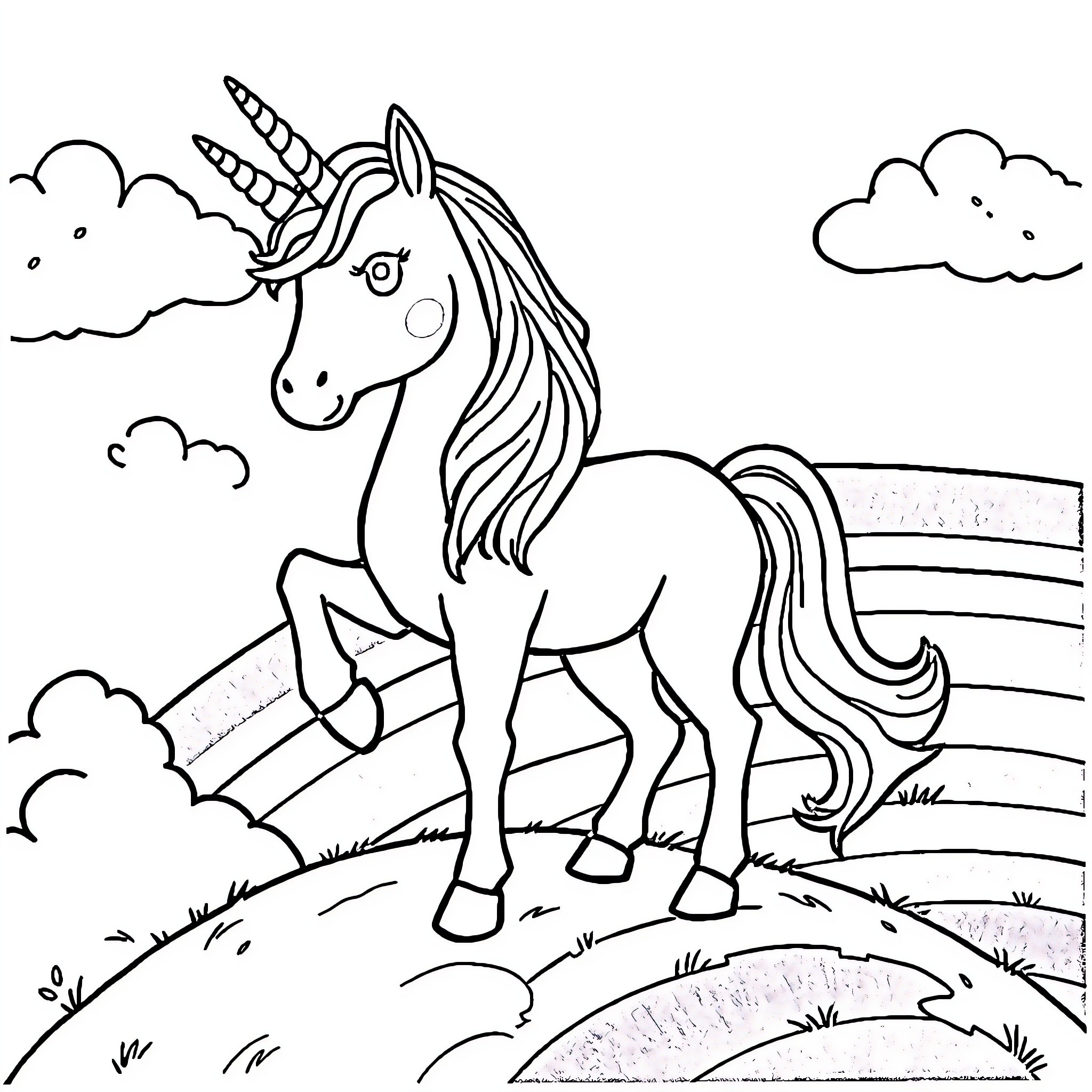 Unicorn grazing peacefully in the meadow Coloring Page (free black-and-white line drawing printable PDF for all, from beginners to advanced learners, including children, teens, adults, and seniors)