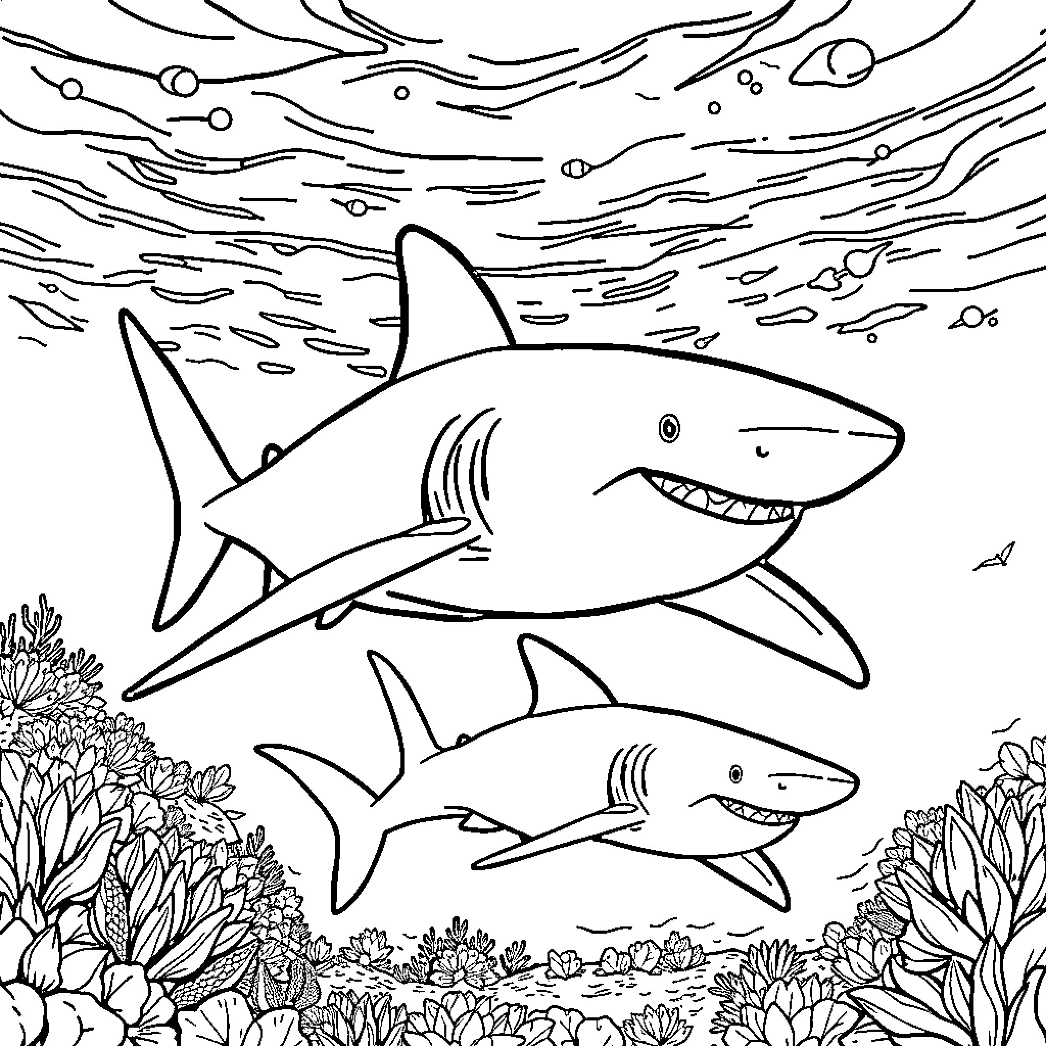 Shark swimming under the sea with its baby Coloring Page (free black-and-white line drawing printable PDF for all, from beginners to advanced learners, including children, teens, adults, and seniors)