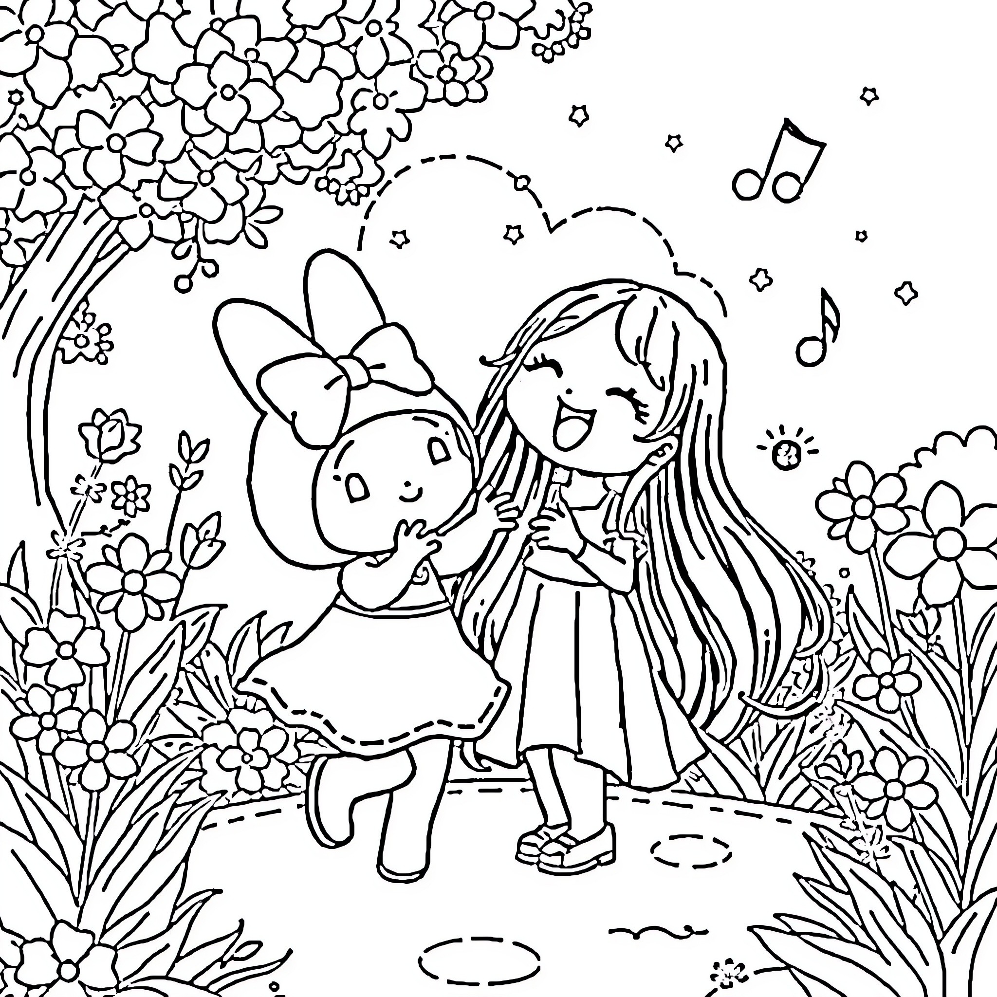 My Melody: Girl and Bunny Dancing Joyfully in Flower Garden Coloring Page (free black-and-white line drawing printable PDF for all, from beginners to advanced learners, including children, teens, adults, and seniors)