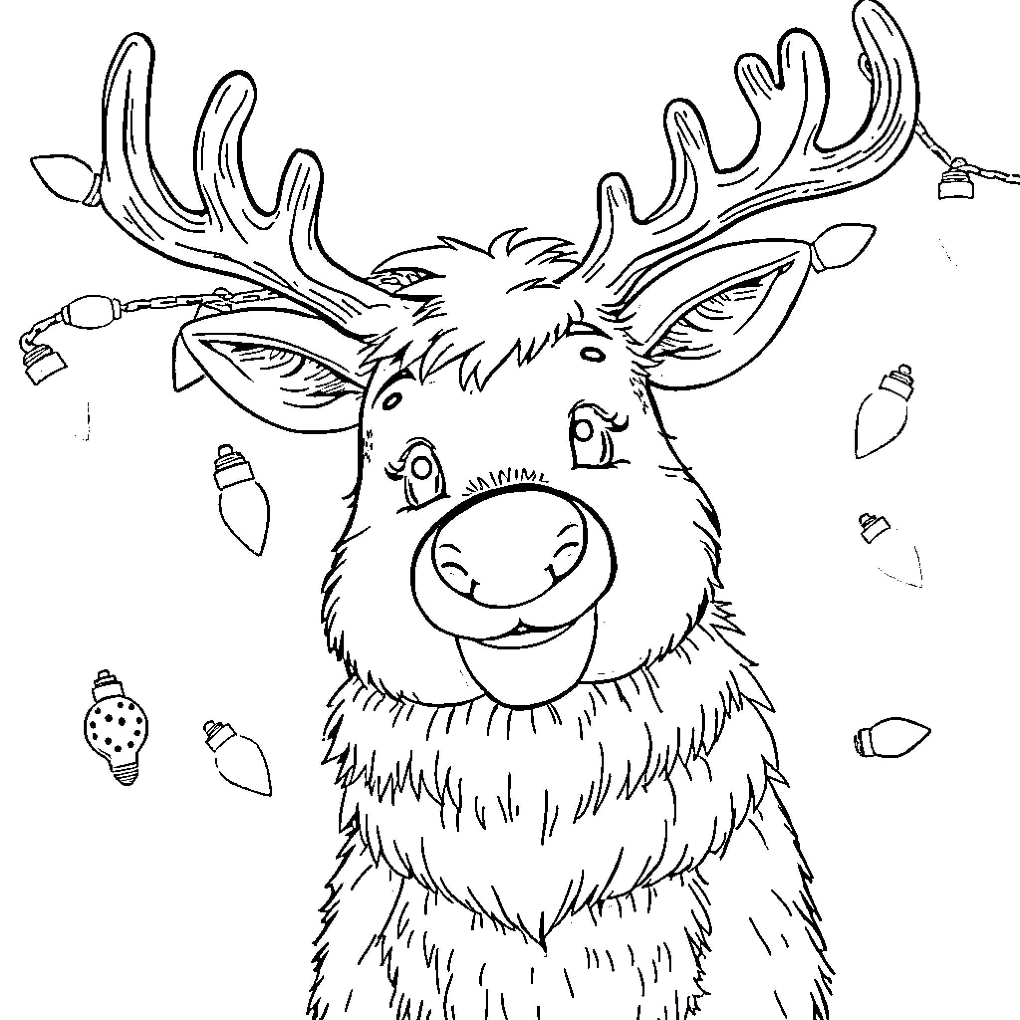Reindeer with festive accessories Coloring Page (free black-and-white line drawing printable PDF for all, from beginners to advanced learners, including children, teens, adults, and seniors)