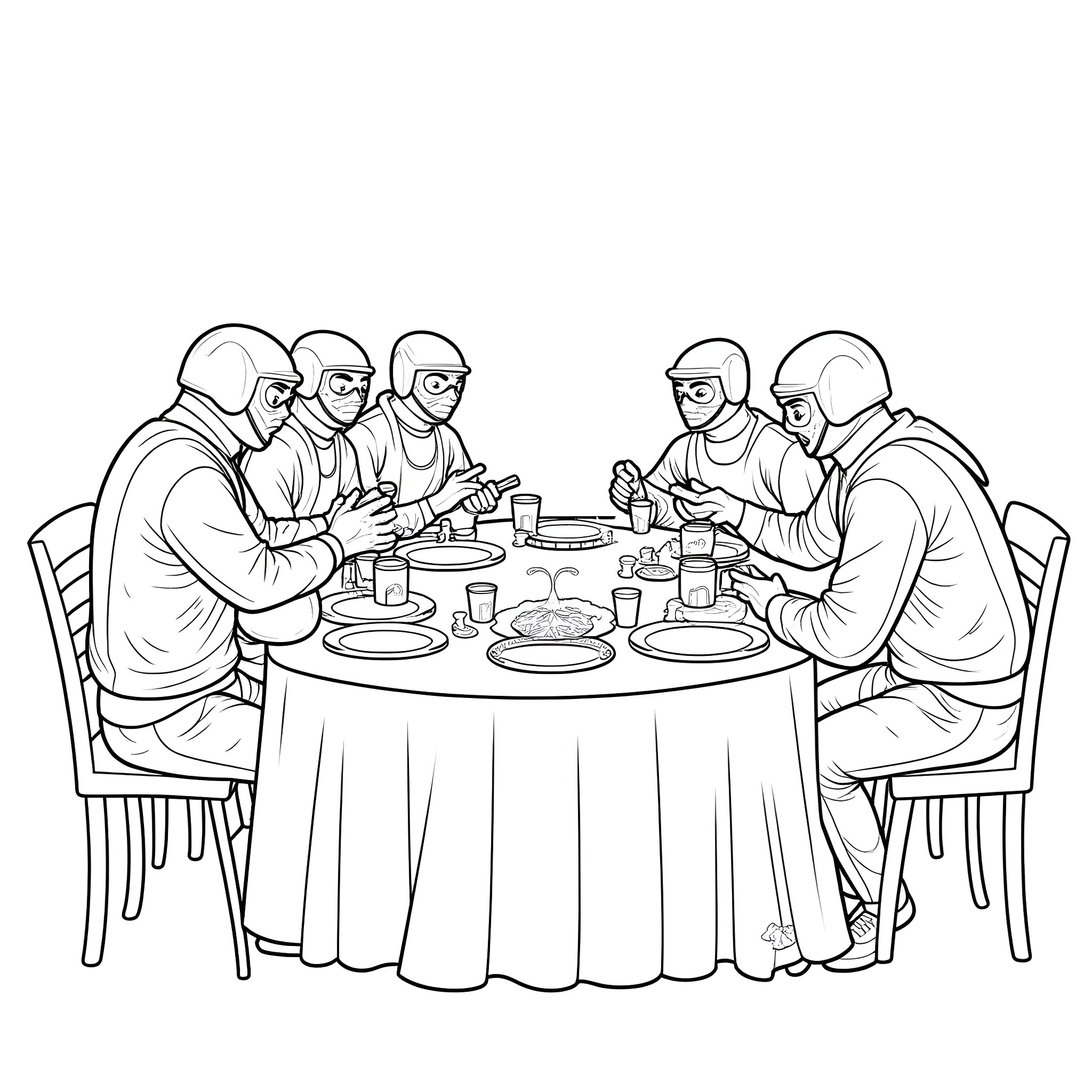 Counter Strike: Group of soldiers dining together Coloring Page (free black-and-white line drawing printable PDF for all, from beginners to advanced learners, including children, teens, adults, and seniors)