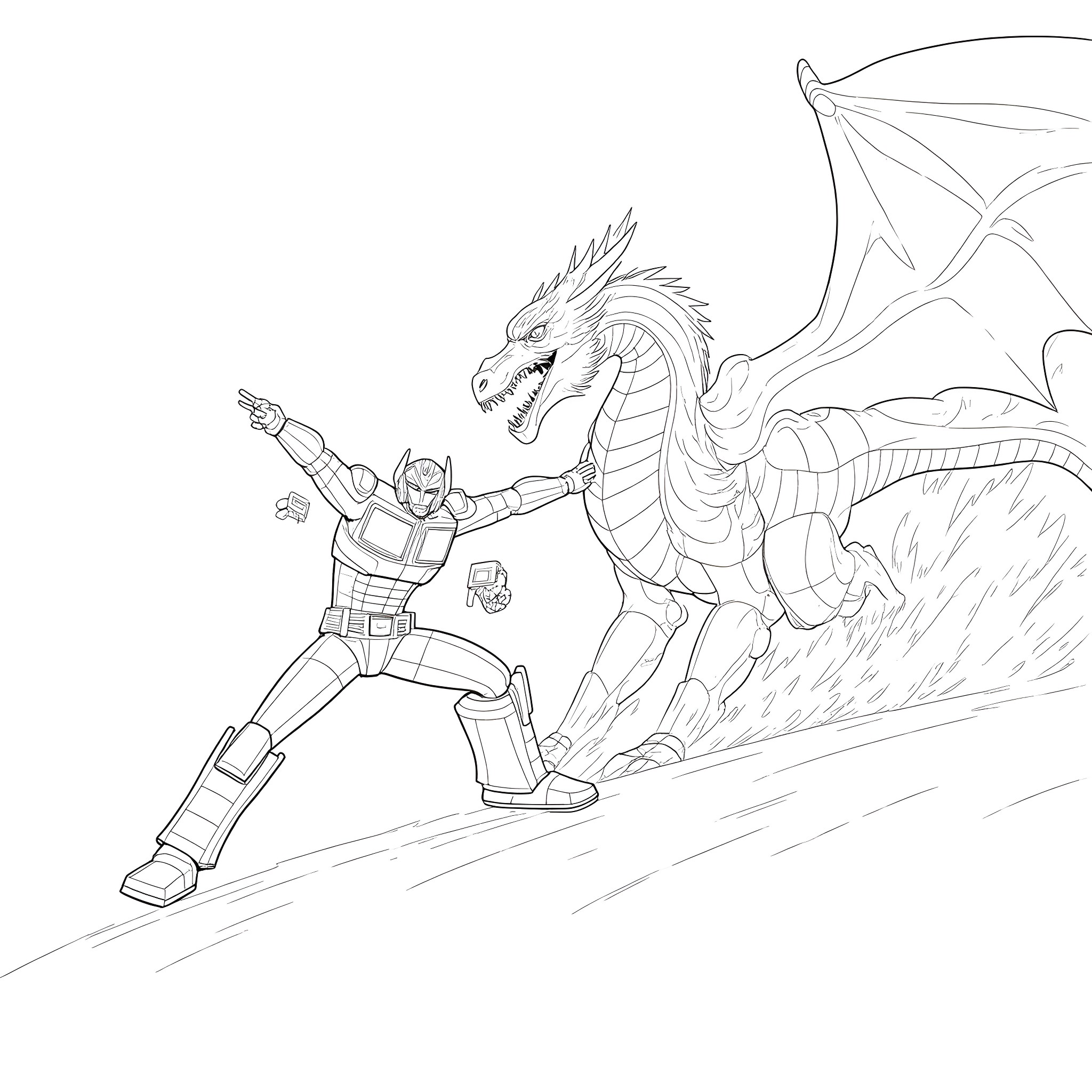 Dragon battling a knight in action scene Coloring Page (free black-and-white line drawing printable PDF for all, from beginners to advanced learners, including children, teens, adults, and seniors)
