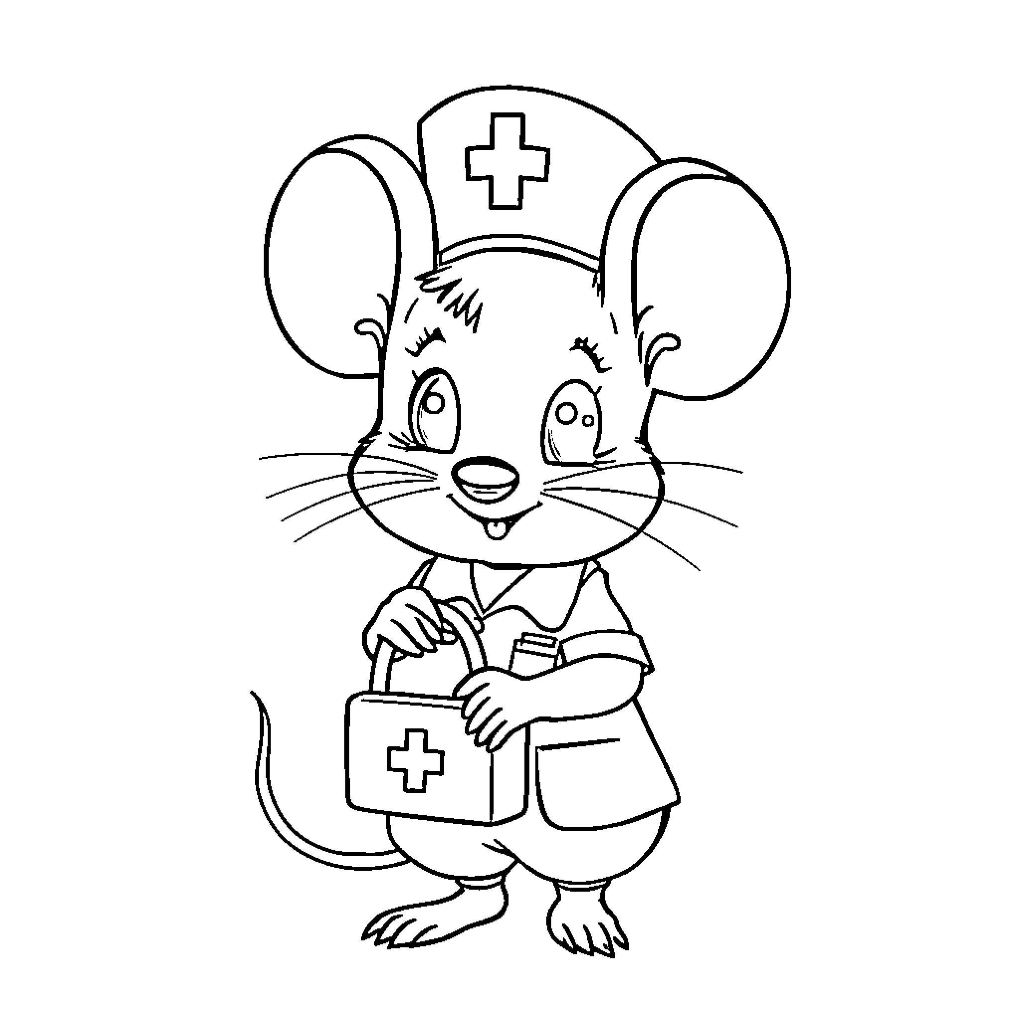 Mouse nurse caring for patients with medical supplies Coloring Page (free black-and-white line drawing printable PDF for all, from beginners to advanced learners, including children, teens, adults, and seniors)