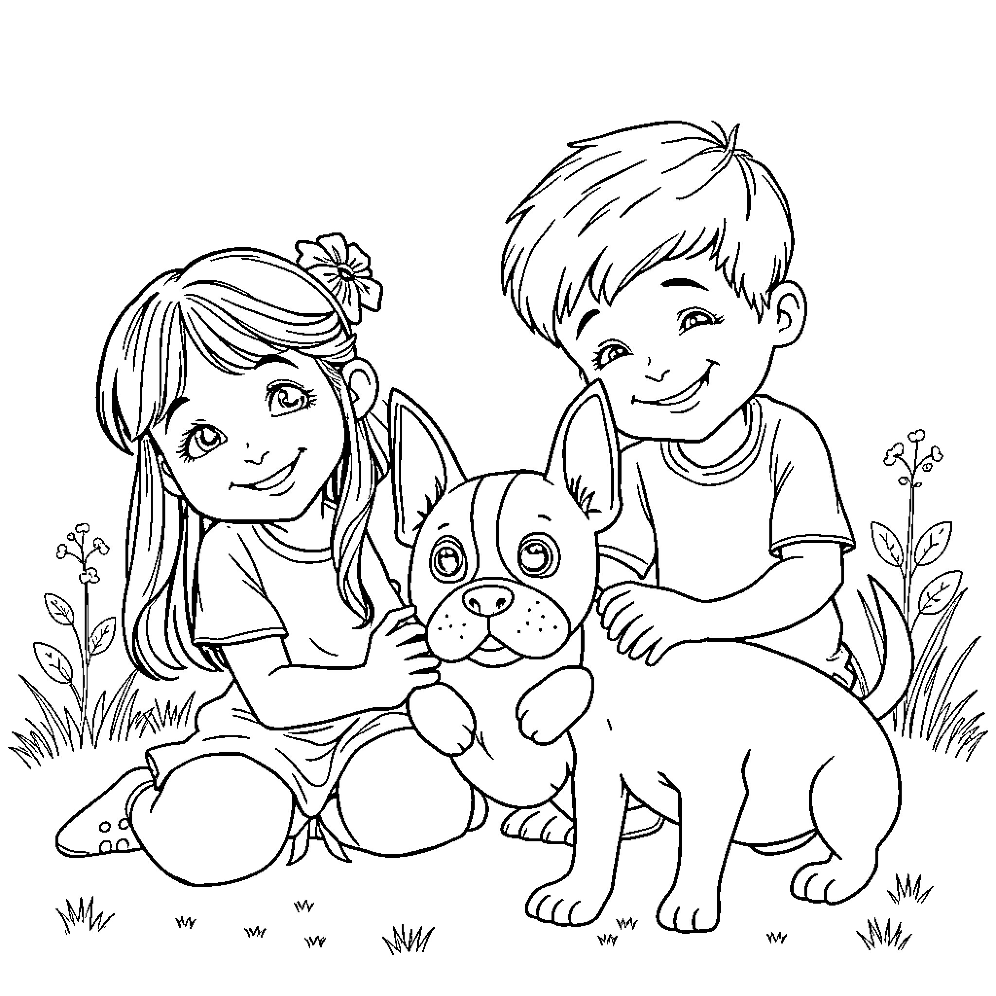 Kid Friends Playing with Puppy in Garden Coloring Page (free black-and-white line drawing printable PDF for all, from beginners to advanced learners, including children, teens, adults, and seniors)