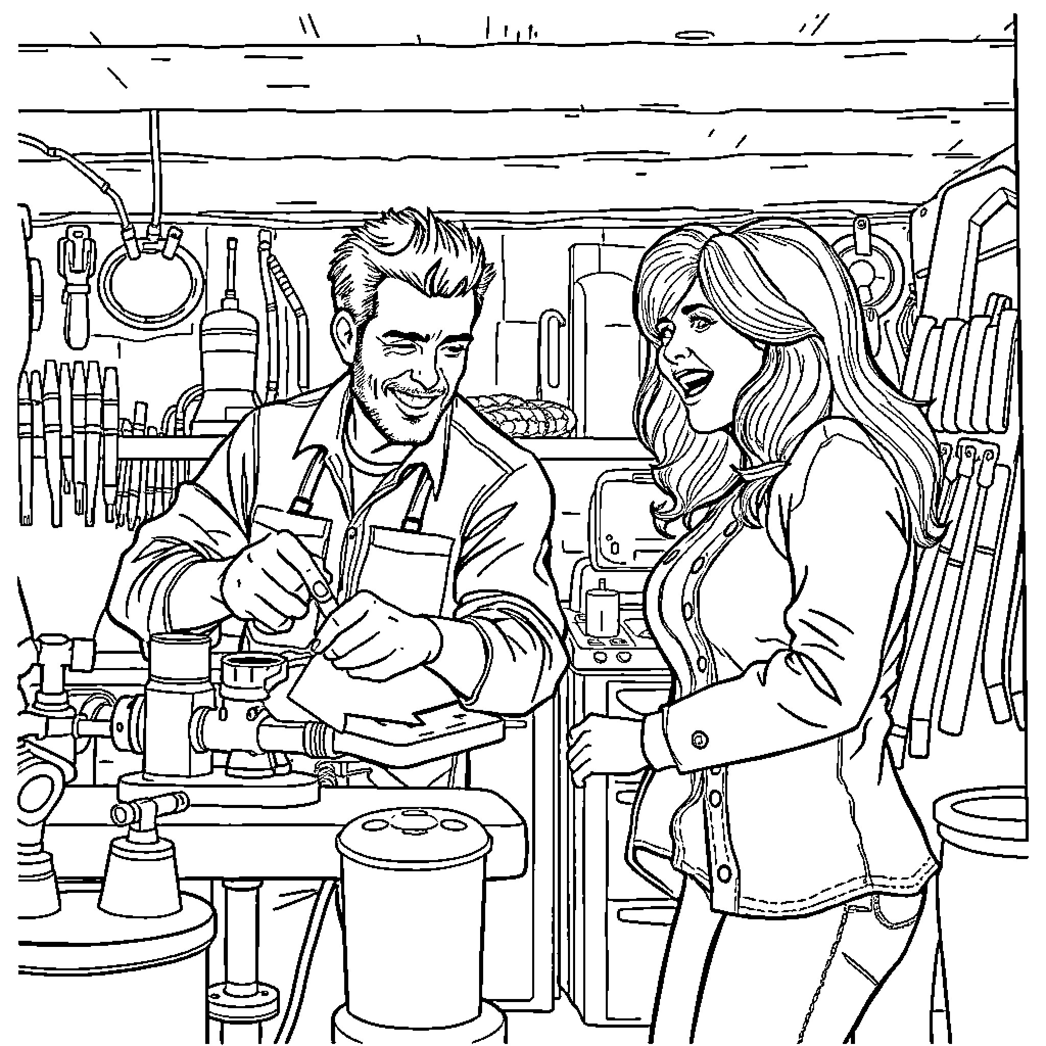 Wife and Husband in Joyful Kitchen Moments Coloring Page (free black-and-white line drawing printable PDF for all, from beginners to advanced learners, including children, teens, adults, and seniors)