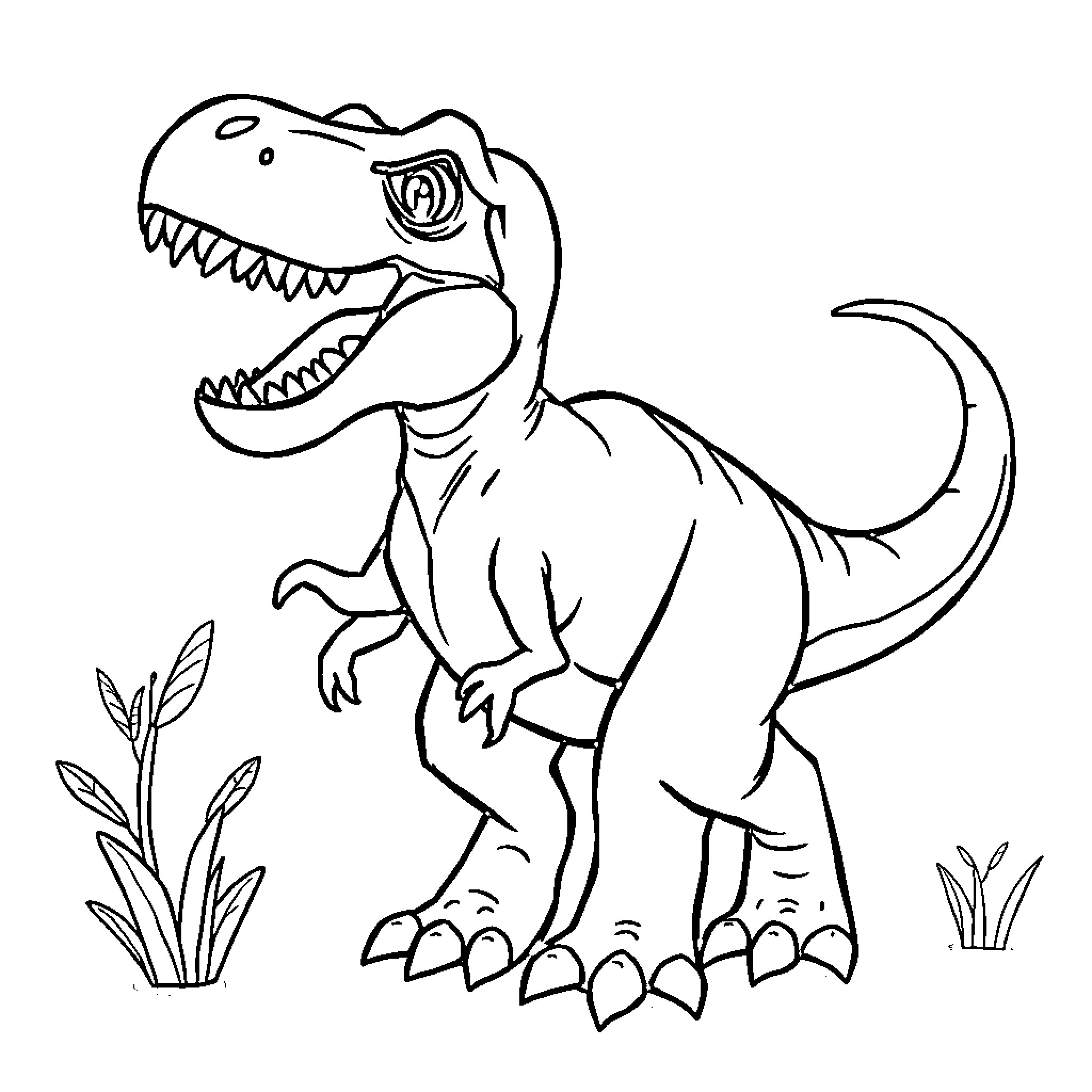T-Rex roaring in prehistoric landscape Coloring Page (free black-and-white line drawing printable PDF for all, from beginners to advanced learners, including children, teens, adults, and seniors)