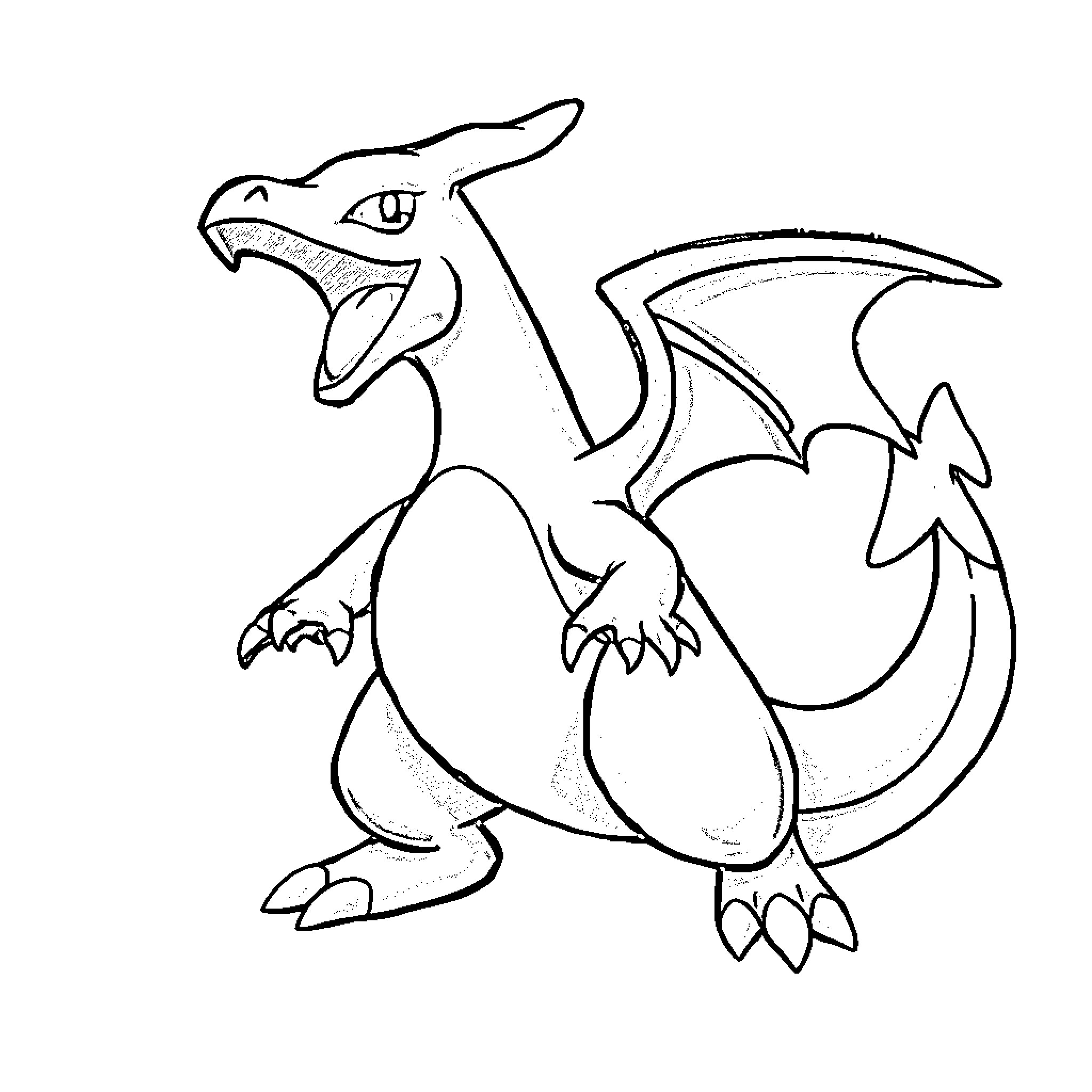 Charizard roaring with fierce determination Coloring Page (free black-and-white line drawing printable PDF for all, from beginners to advanced learners, including children, teens, adults, and seniors)