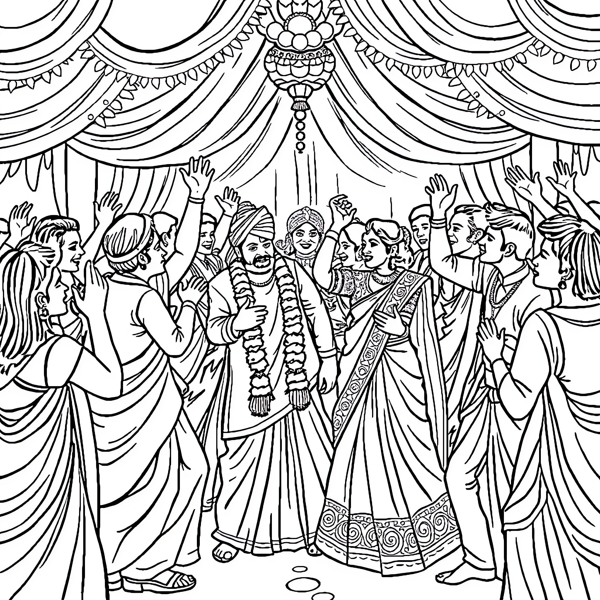 Wedding celebration with traditional Indian attire and festivities Coloring Page (free black-and-white line drawing printable PDF for all, from beginners to advanced learners, including children, teens, adults, and seniors)