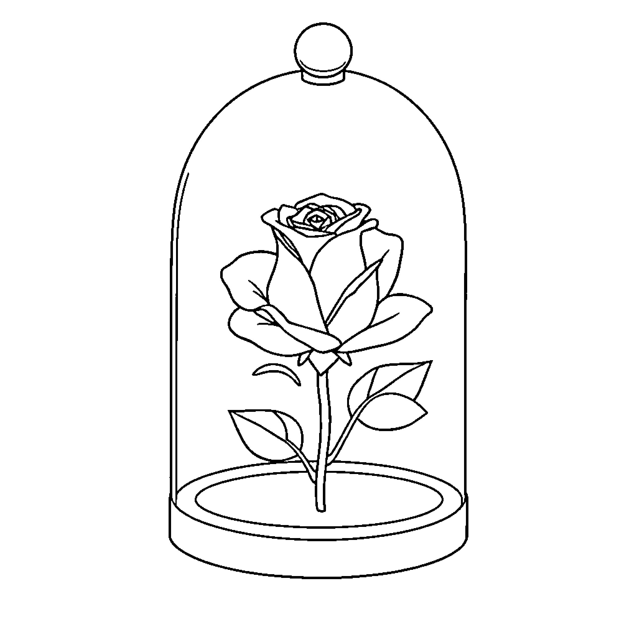 Rose in a glass dome Coloring Page (free black-and-white line drawing printable PDF for all, from beginners to advanced learners, including children, teens, adults, and seniors)
