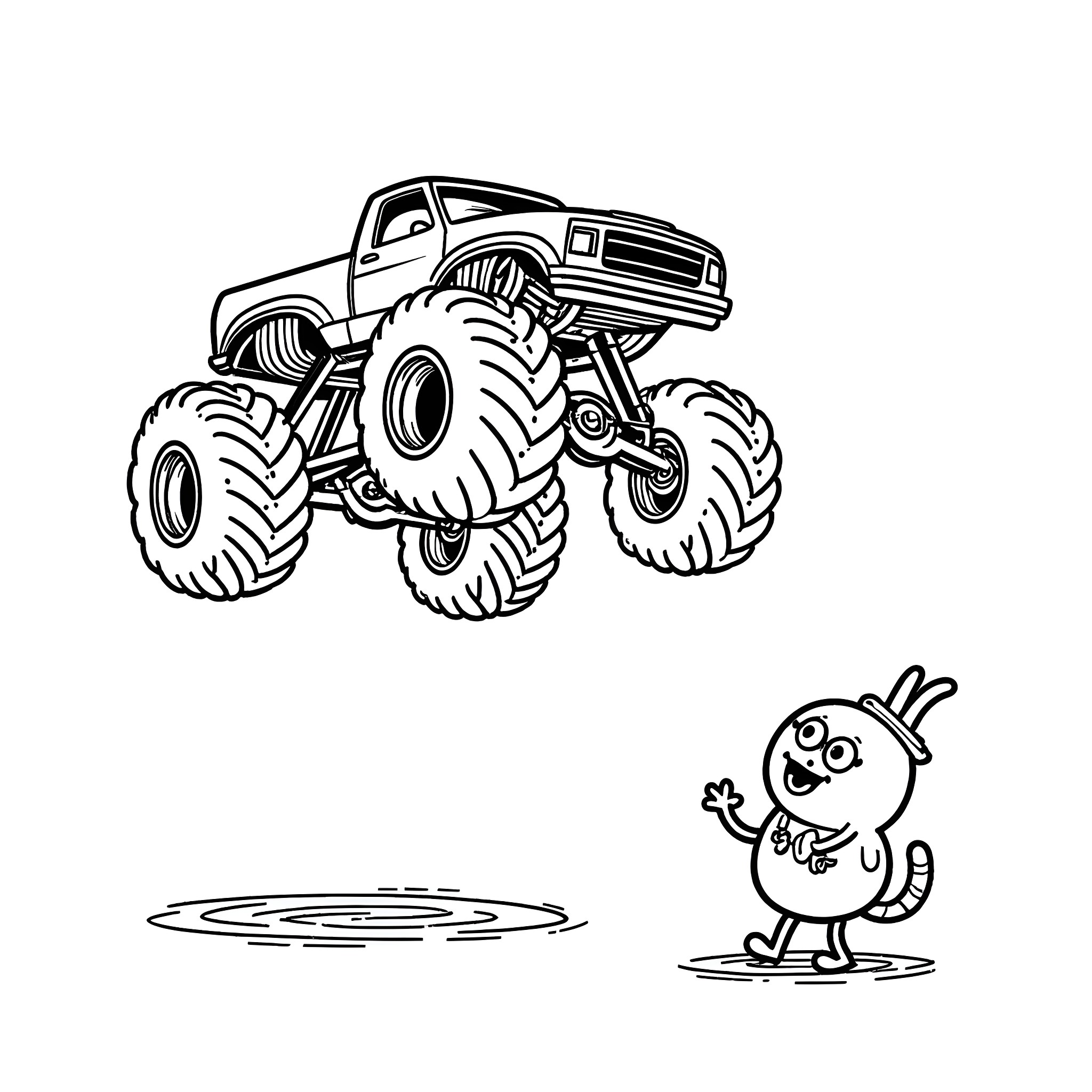 Monster Truck Jumps Over Puddle Coloring Page (free black-and-white line drawing printable PDF for all, from beginners to advanced learners, including children, teens, adults, and seniors)