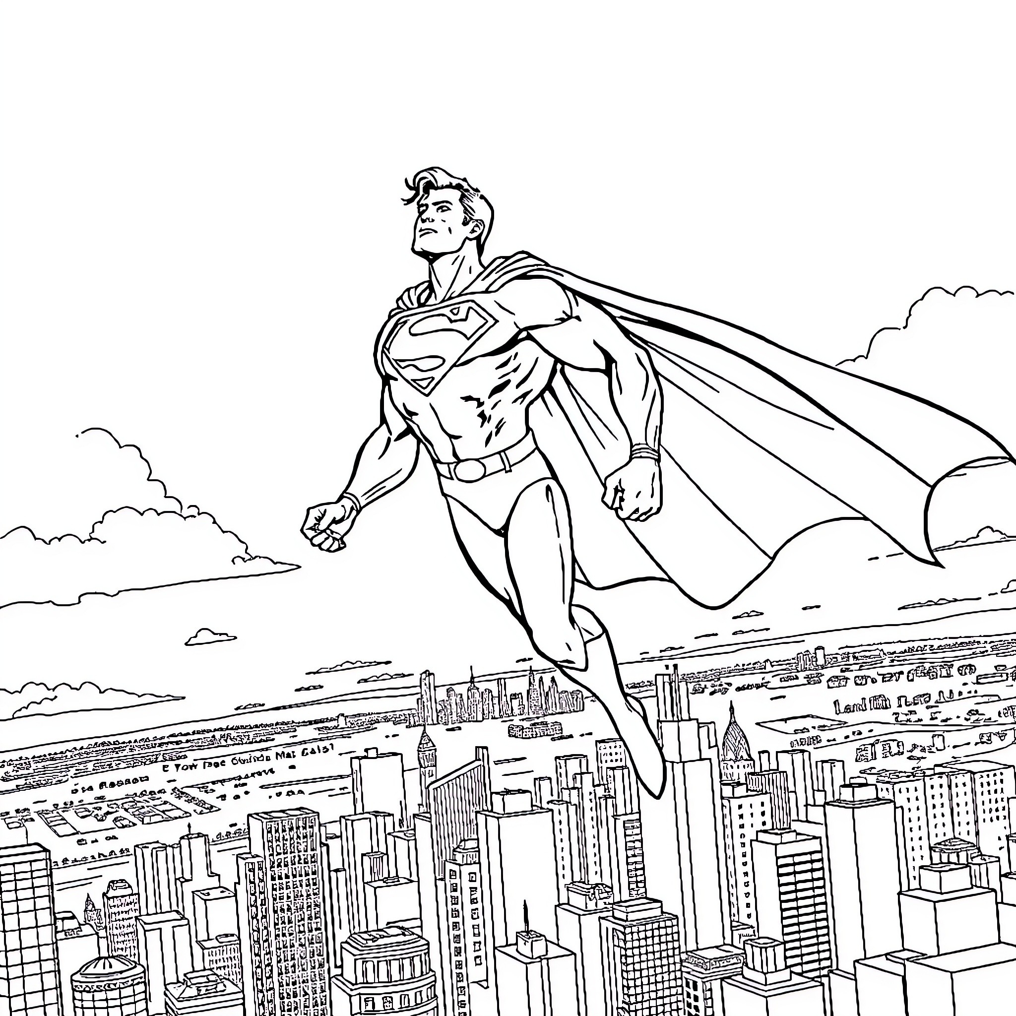 Superman soaring high above the city Coloring Page (free black-and-white line drawing printable PDF for all, from beginners to advanced learners, including children, teens, adults, and seniors)