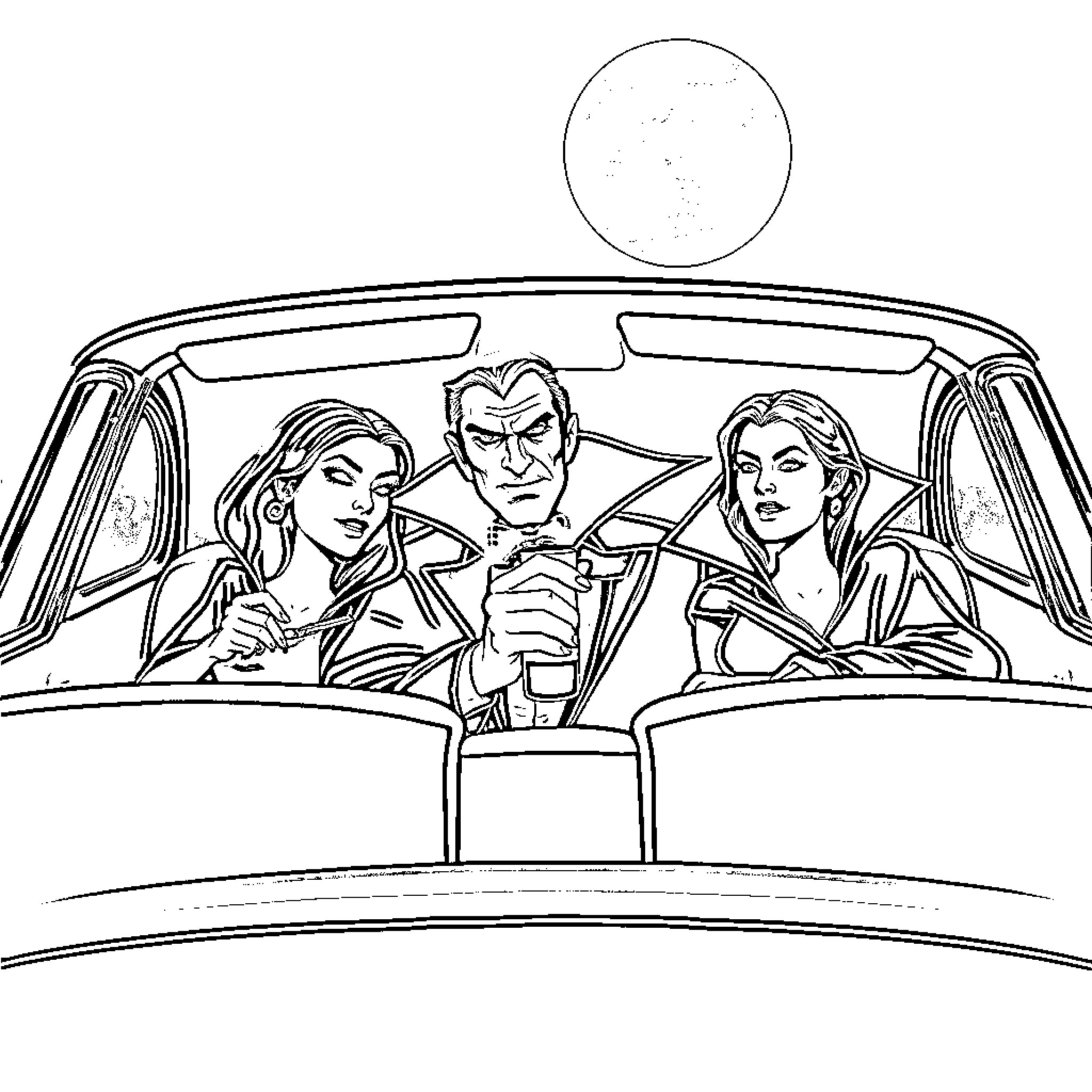 Dracula and companions riding in a car at night Coloring Page (free black-and-white line drawing printable PDF for all, from beginners to advanced learners, including children, teens, adults, and seniors)