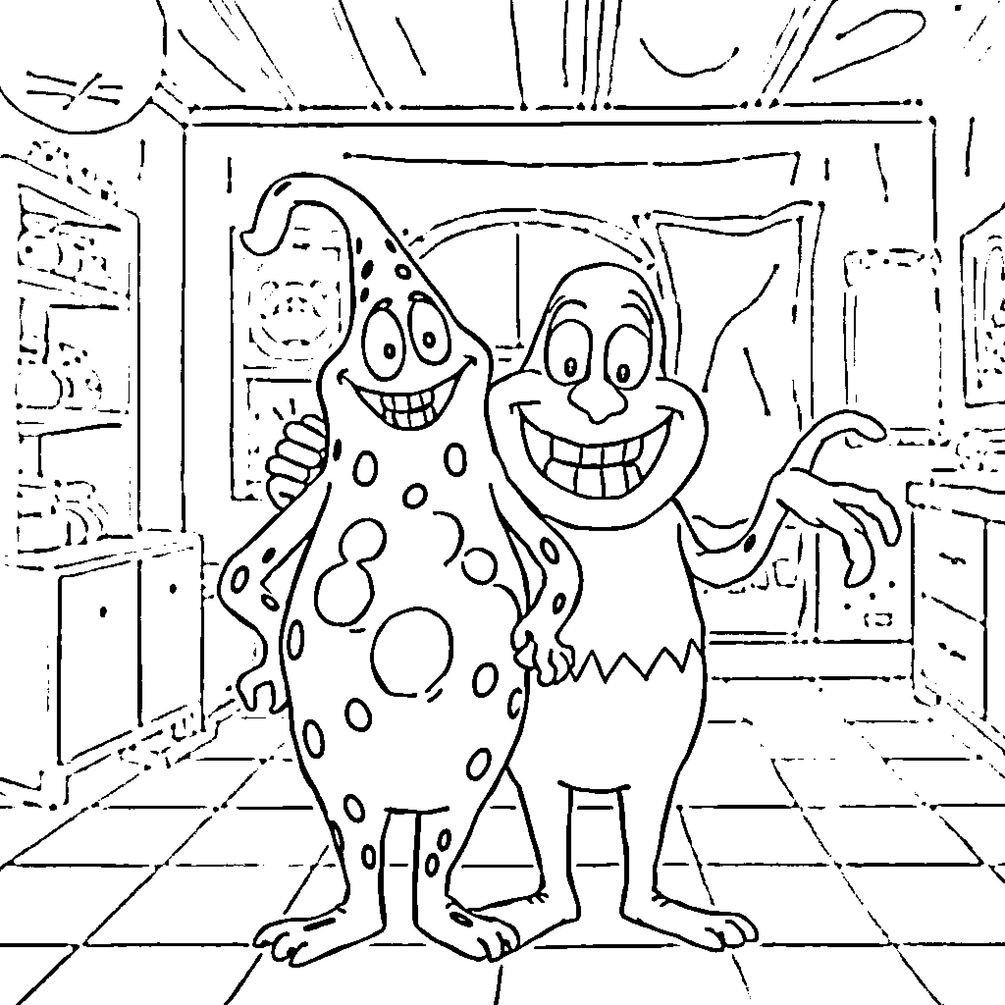 Oogie Boogie Characters in a Playful Setting Coloring Page (free black-and-white line drawing printable PDF for all, from beginners to advanced learners, including children, teens, adults, and seniors)
