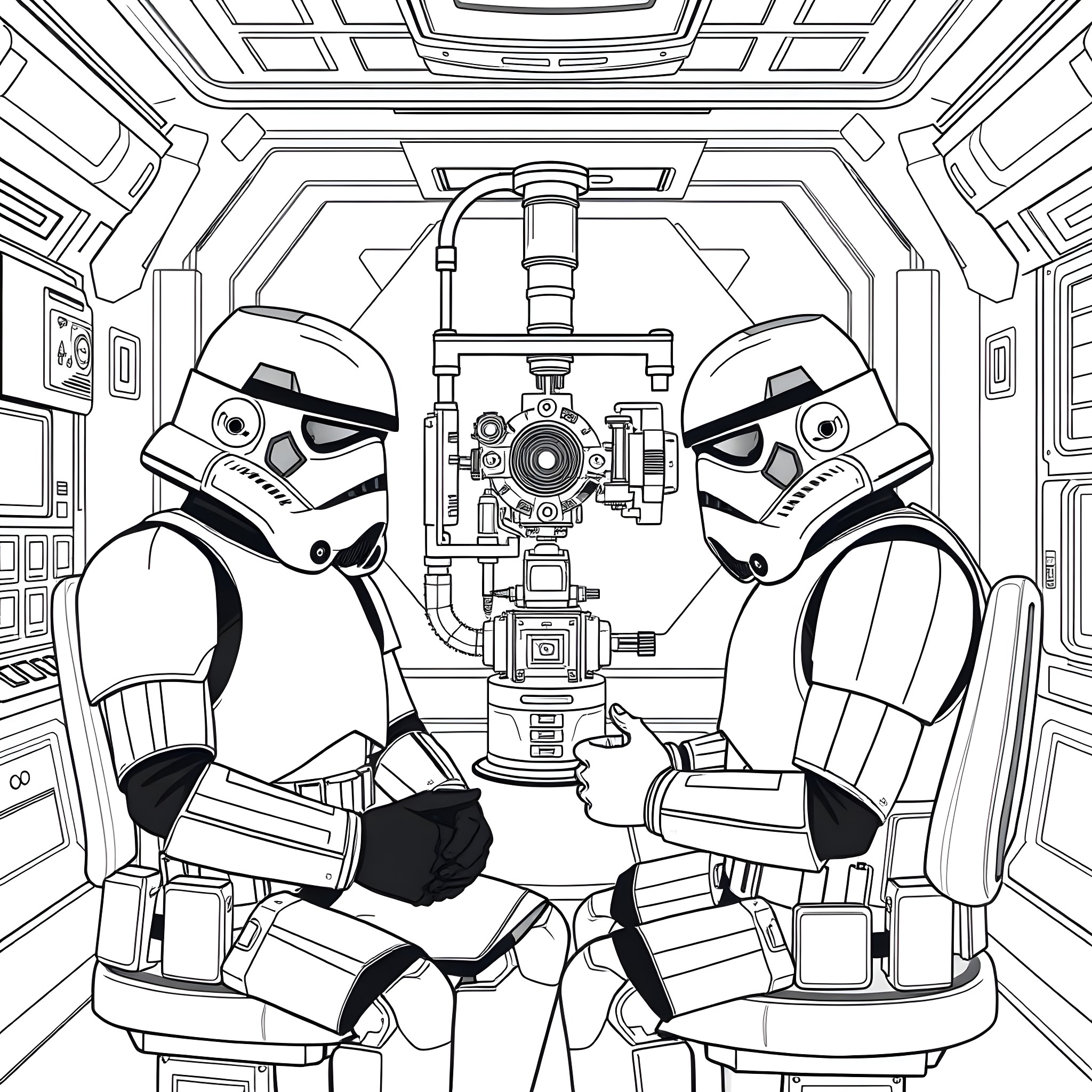 Stormtroopers operating a control panel in a futuristic space station Coloring Page (free black-and-white line drawing printable PDF for all, from beginners to advanced learners, including children, teens, adults, and seniors)