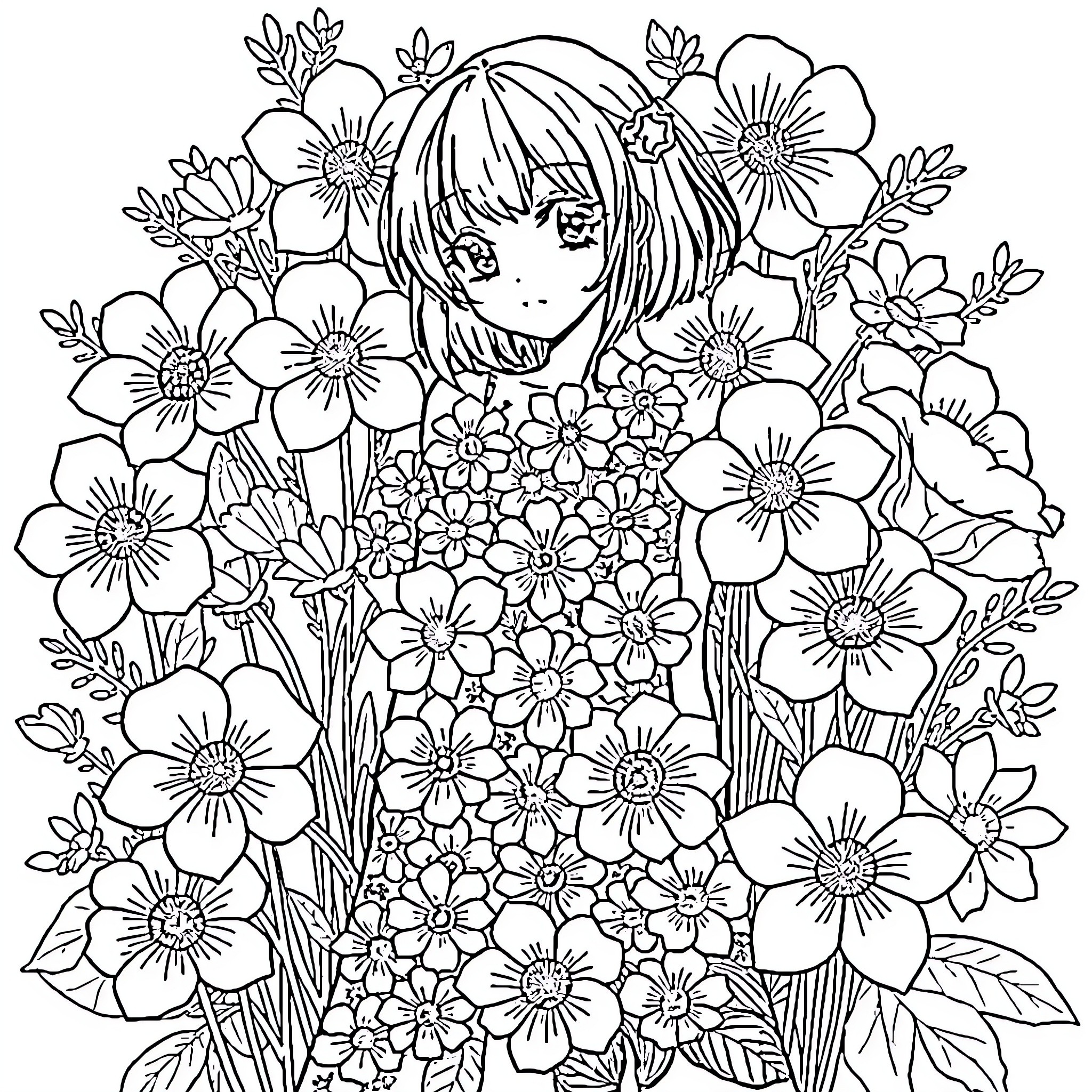 Anime Girl Surrounded by Beautiful Flowers Coloring Page (free black-and-white line drawing printable PDF for all, from beginners to advanced learners, including children, teens, adults, and seniors)