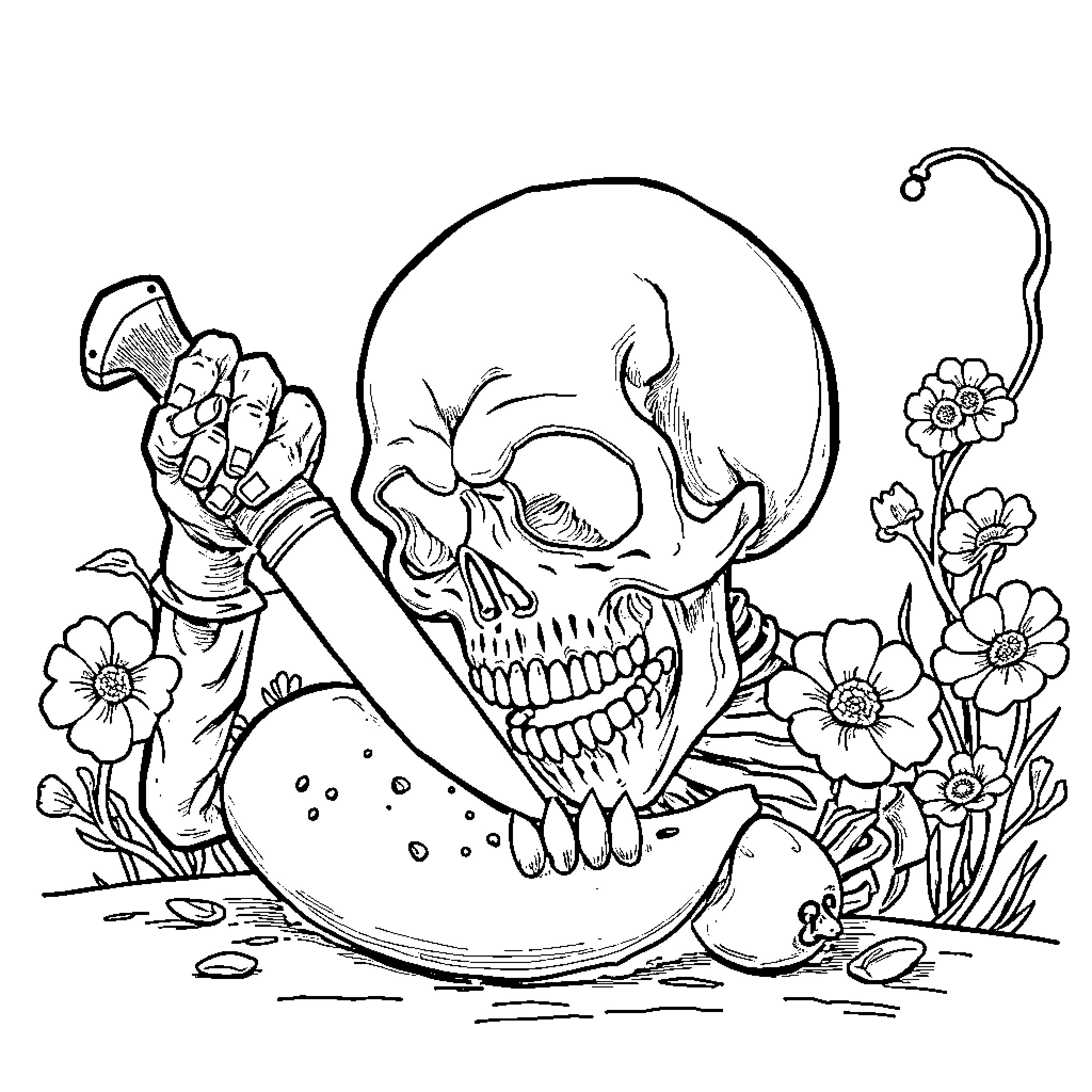 Calavera skull surrounded by whimsical flowers Coloring Page (free black-and-white line drawing printable PDF for all, from beginners to advanced learners, including children, teens, adults, and seniors)