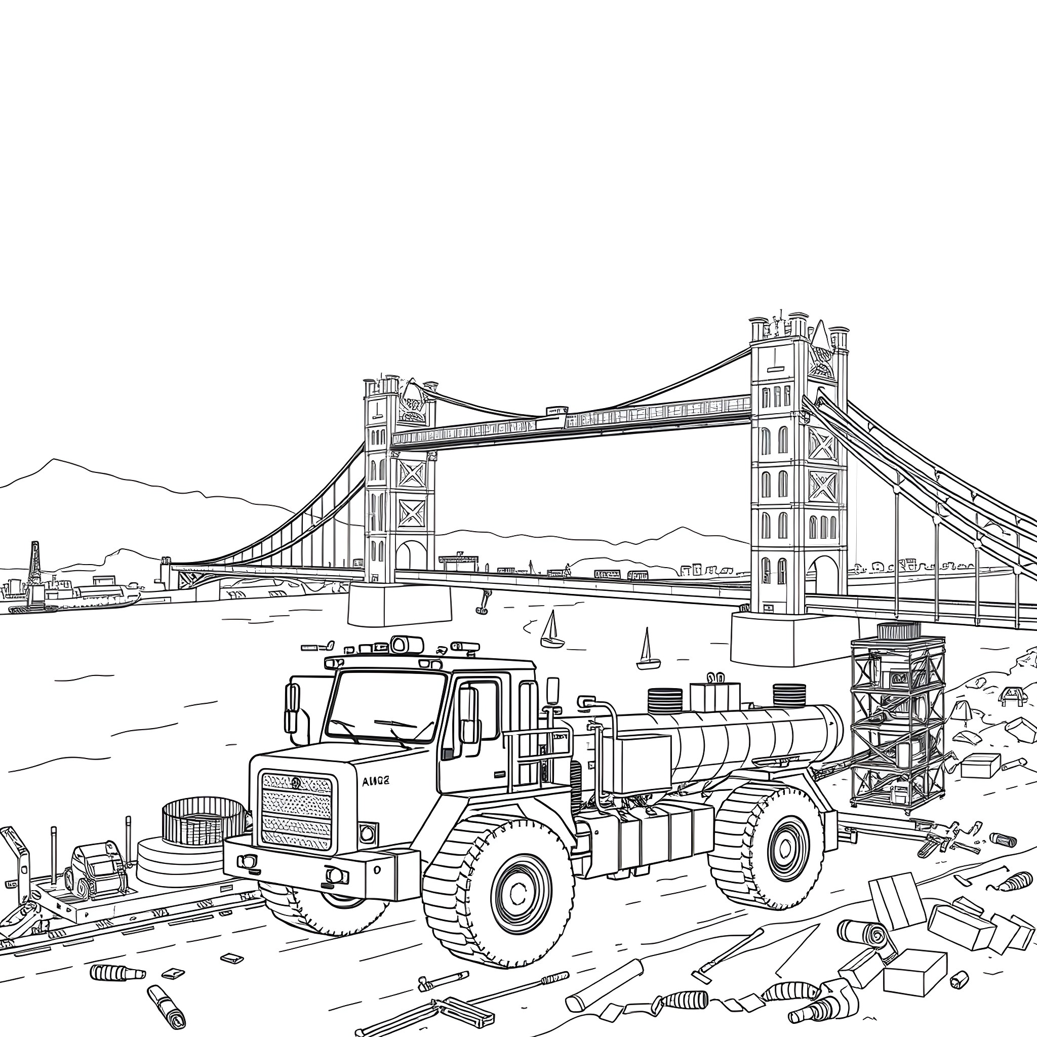 Construction Vehicle at a Construction Site with Bridge Coloring Page (free black-and-white line drawing printable PDF for all, from beginners to advanced learners, including children, teens, adults, and seniors)