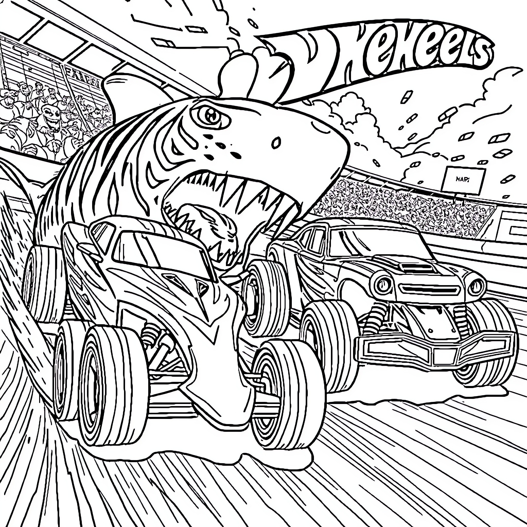 Hot Wheels monster truck racing against cars on track Coloring Page (free black-and-white line drawing printable PDF for all, from beginners to advanced learners, including children, teens, adults, and seniors)