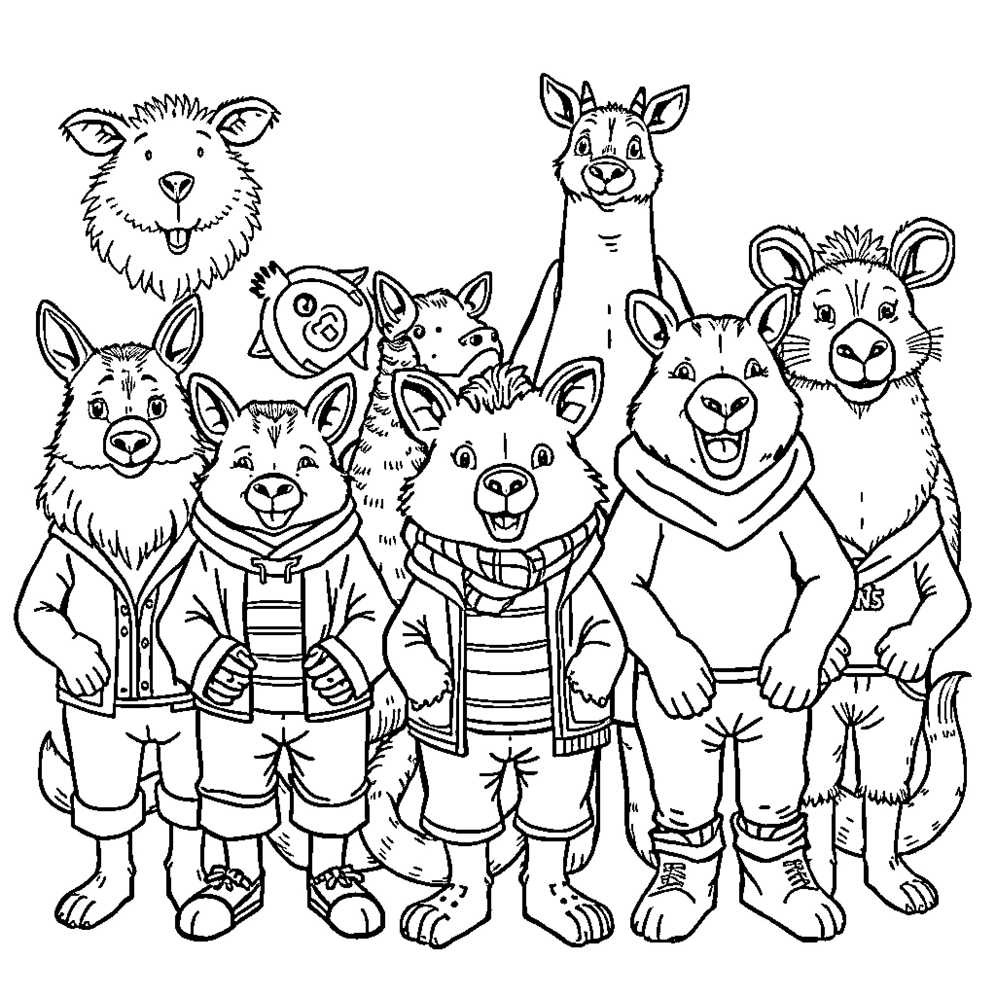 Animal friends in colorful outfits and accessories Coloring Page (free black-and-white line drawing printable PDF for all, from beginners to advanced learners, including children, teens, adults, and seniors)