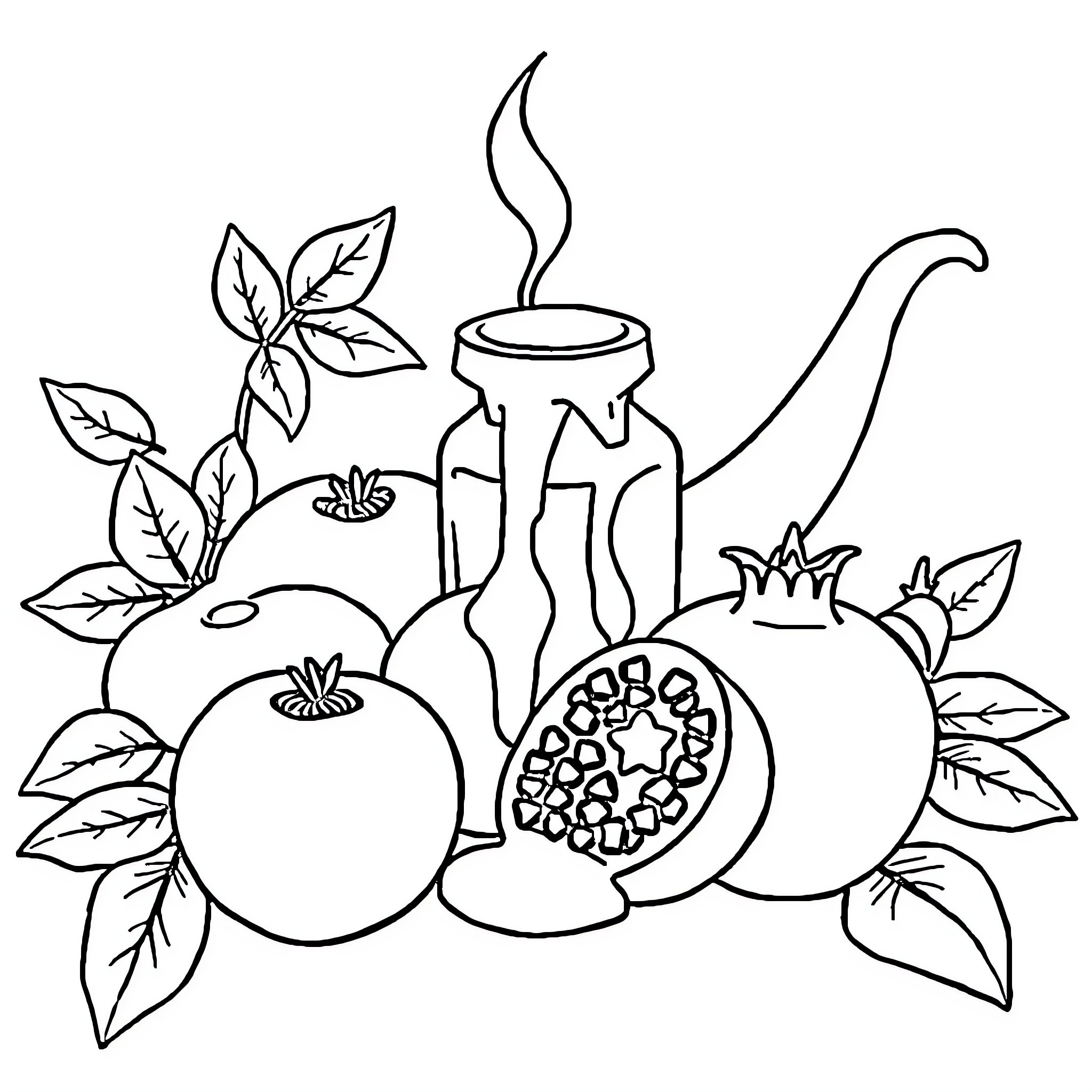 Hebrew New Year featuring fruits and vessels Coloring Page (free black-and-white line drawing printable PDF for all, from beginners to advanced learners, including children, teens, adults, and seniors)