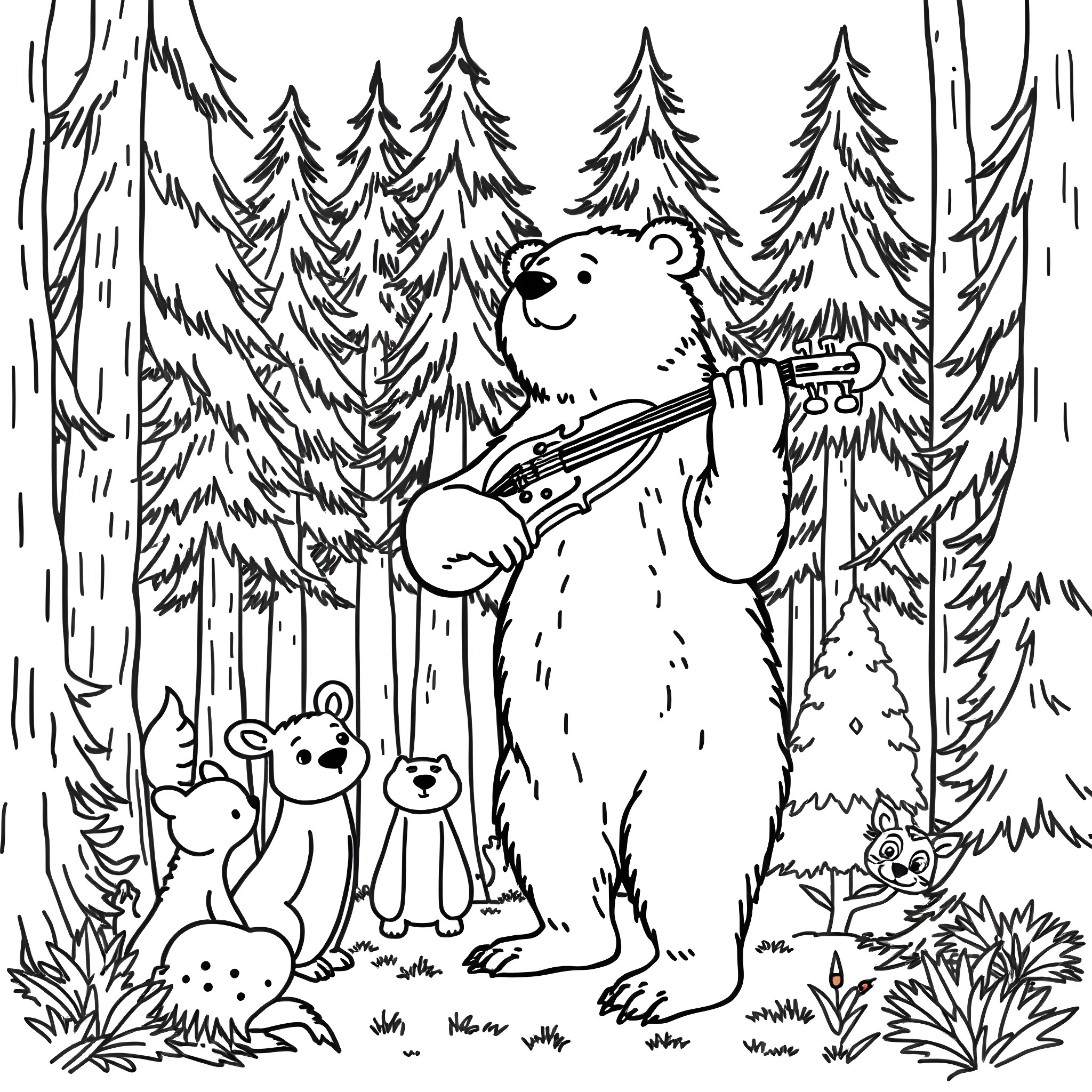 Bear playing with forest creatures in the woods Coloring Page (free black-and-white line drawing printable PDF for all, from beginners to advanced learners, including children, teens, adults, and seniors)