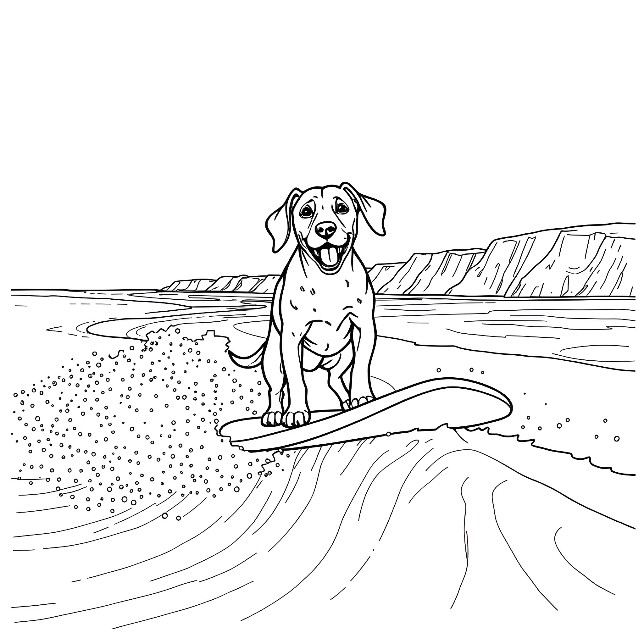 Dog surfing on a wave in the ocean Coloring Page (free black-and-white line drawing printable PDF for all, from beginners to advanced learners, including children, teens, adults, and seniors)
