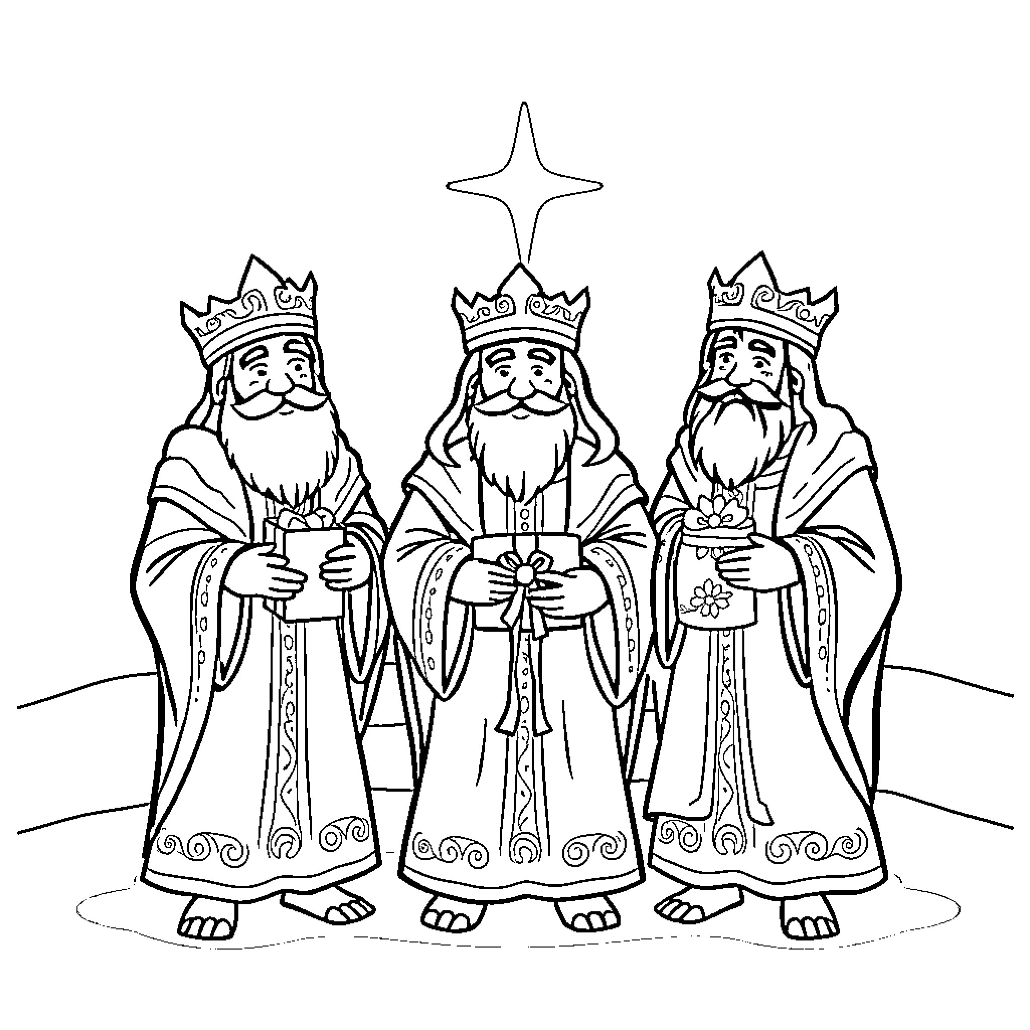 Wise Kings in Regal Attire Bearing Gifts Coloring Page (free black-and-white line drawing printable PDF for all, from beginners to advanced learners, including children, teens, adults, and seniors)