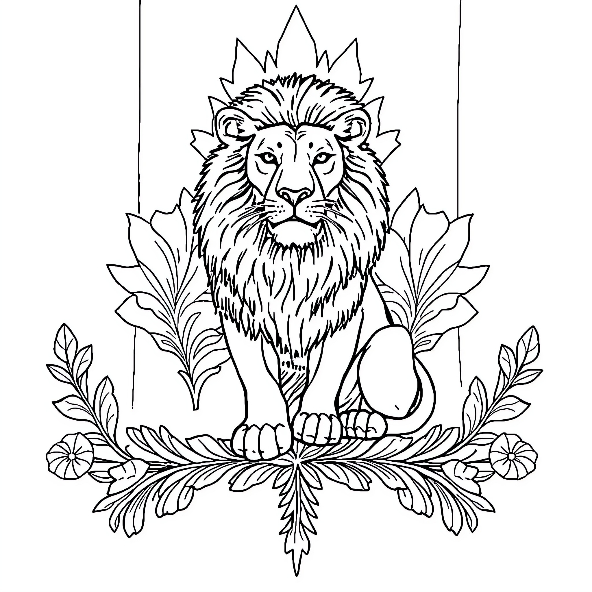 Lion sitting majestically in ornate natural setting Coloring Page (free black-and-white line drawing printable PDF for all, from beginners to advanced learners, including children, teens, adults, and seniors)