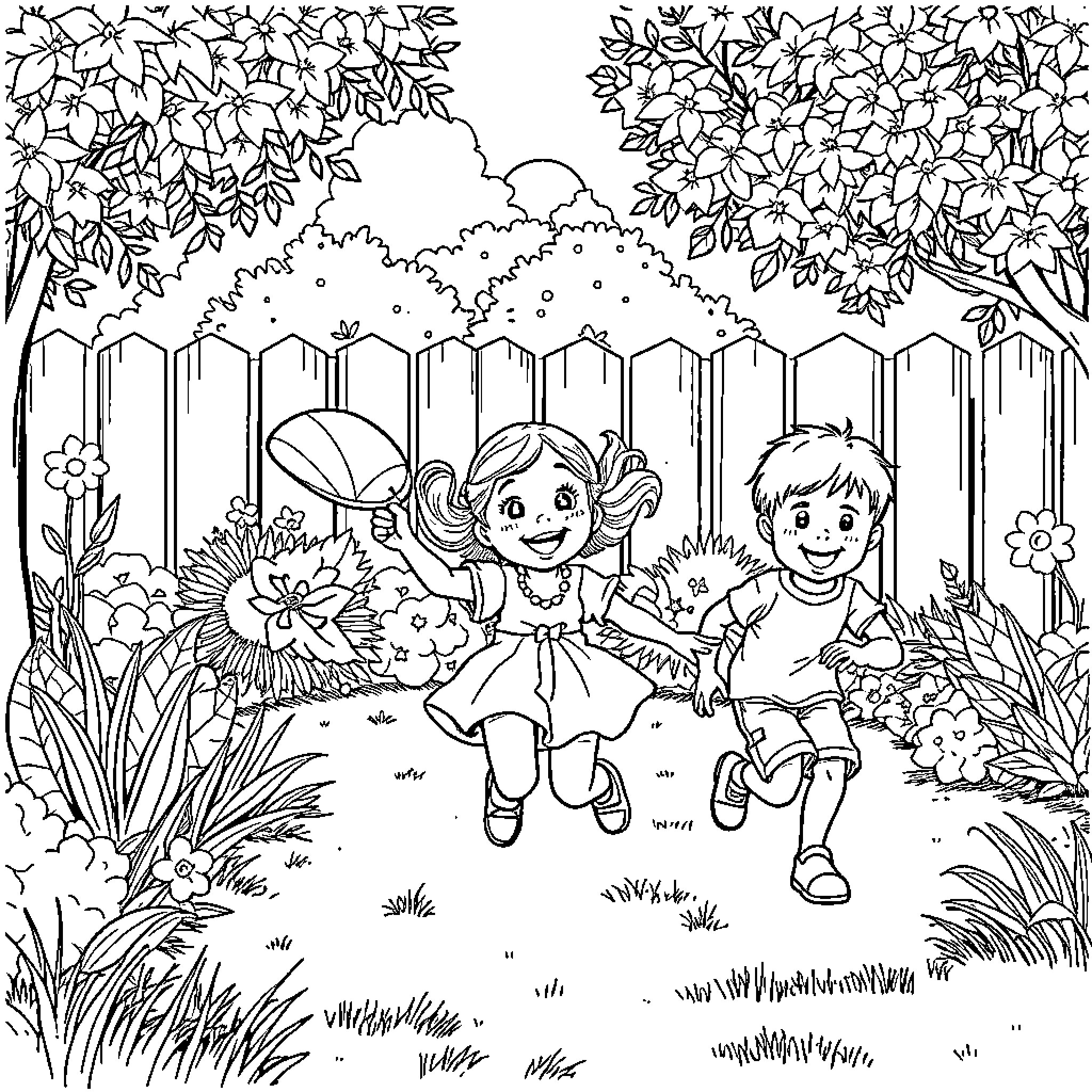 Fille playing cheerfully in a garden with friends Coloring Page (free black-and-white line drawing printable PDF for all, from beginners to advanced learners, including children, teens, adults, and seniors)