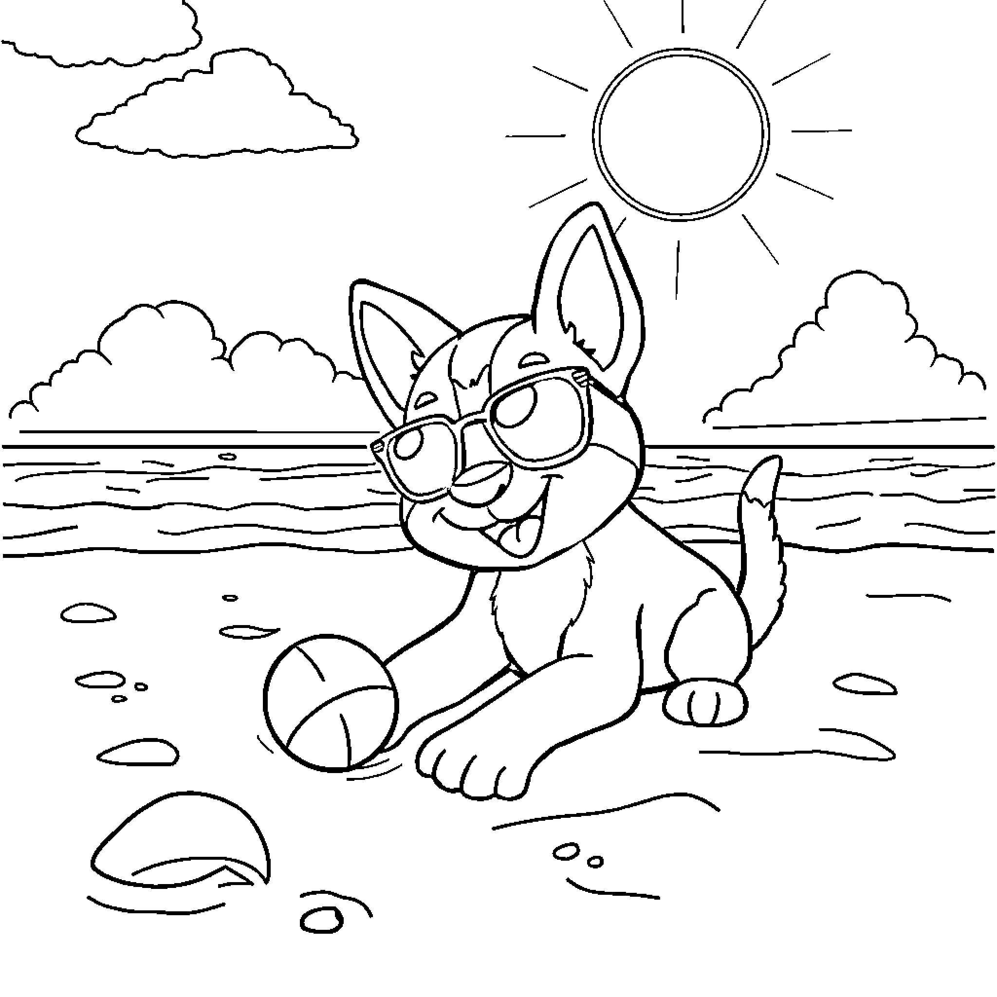 Bluey playing on the beach with a beach ball Coloring Page (free black-and-white line drawing printable PDF for all, from beginners to advanced learners, including children, teens, adults, and seniors)