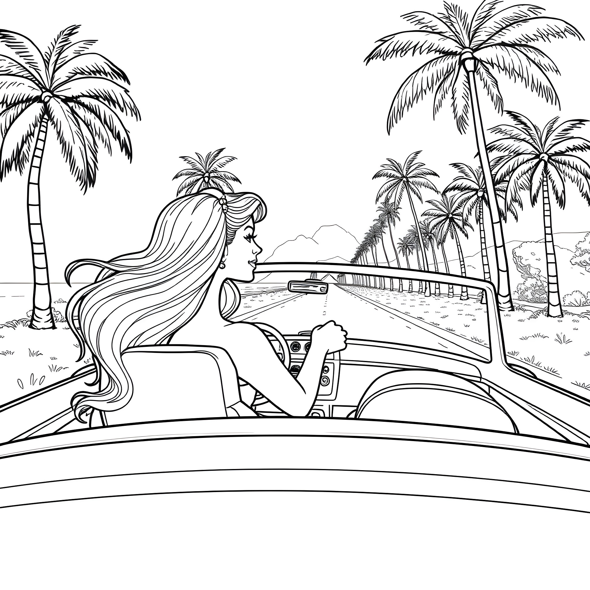 Princess Enjoys Scenic Drive in Tropical Convertible Coloring Page (free black-and-white line drawing printable PDF for all, from beginners to advanced learners, including children, teens, adults, and seniors)