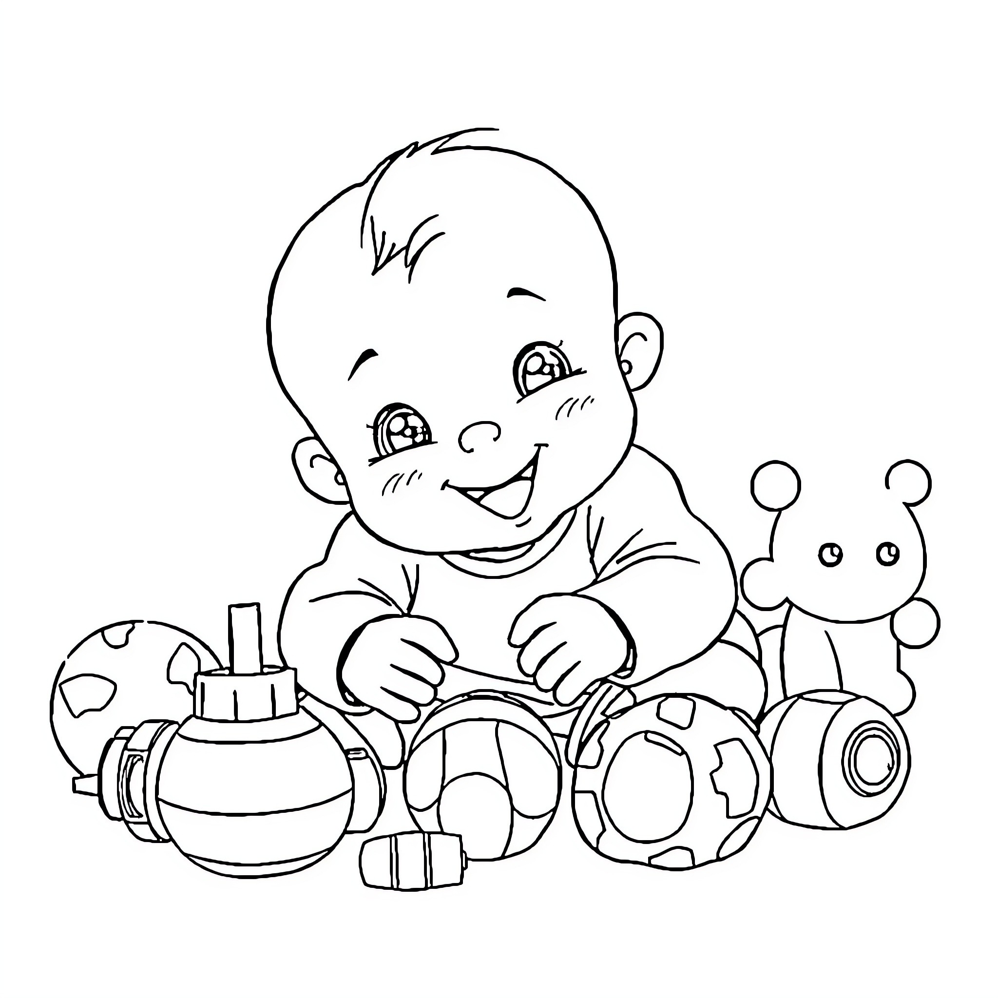 Baby Boy Playing Happily with Toys Coloring Page (free black-and-white line drawing printable PDF for all, from beginners to advanced learners, including children, teens, adults, and seniors)
