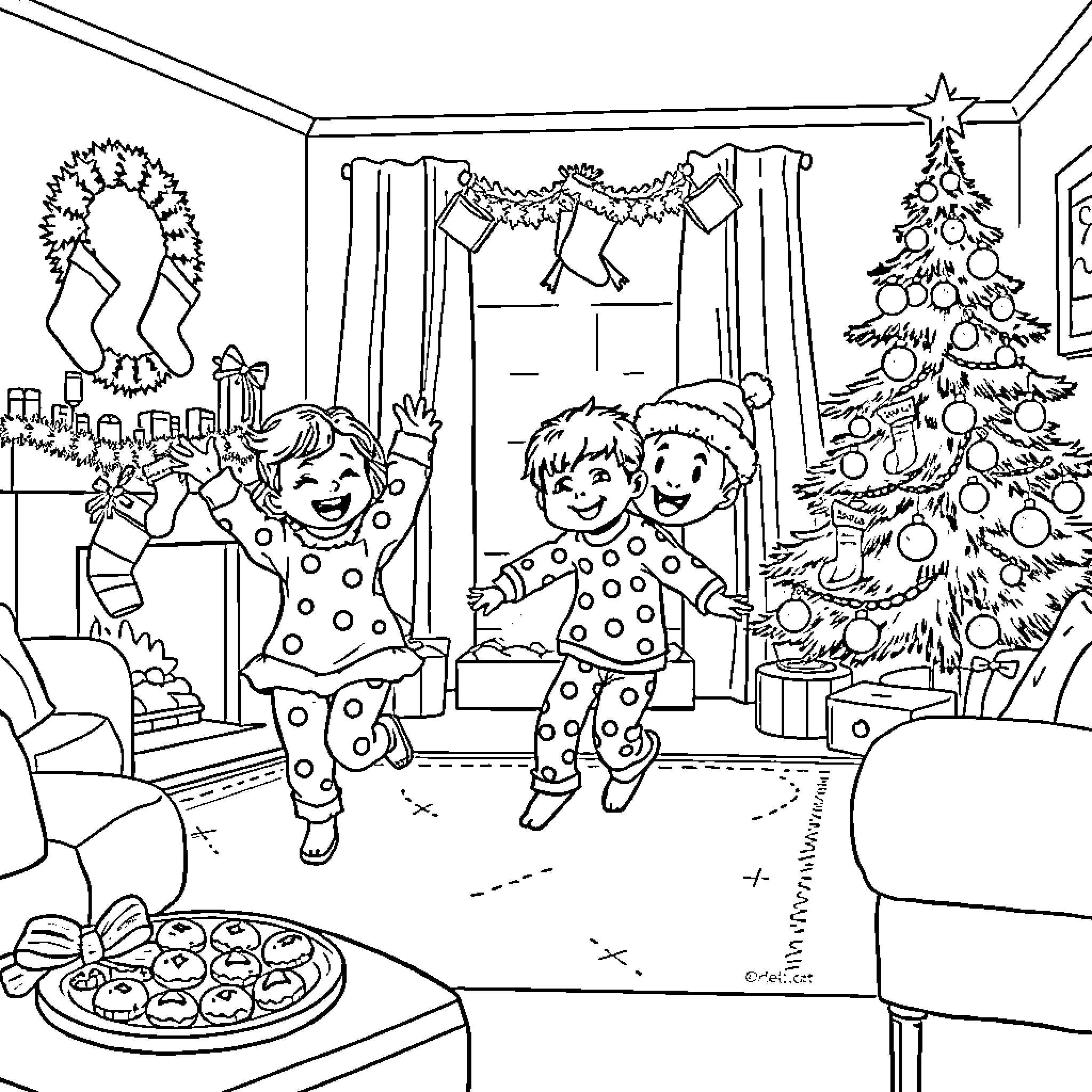 Child Celebrating Christmas with Friends and Family Coloring Page (free black-and-white line drawing printable PDF for all, from beginners to advanced learners, including children, teens, adults, and seniors)