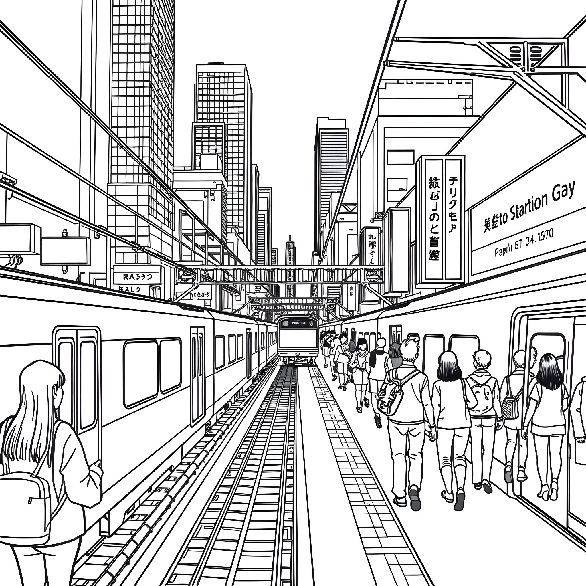 Train platform with passengers in a busy urban setting Coloring Page (free black-and-white line drawing printable PDF for all, from beginners to advanced learners, including children, teens, adults, and seniors)
