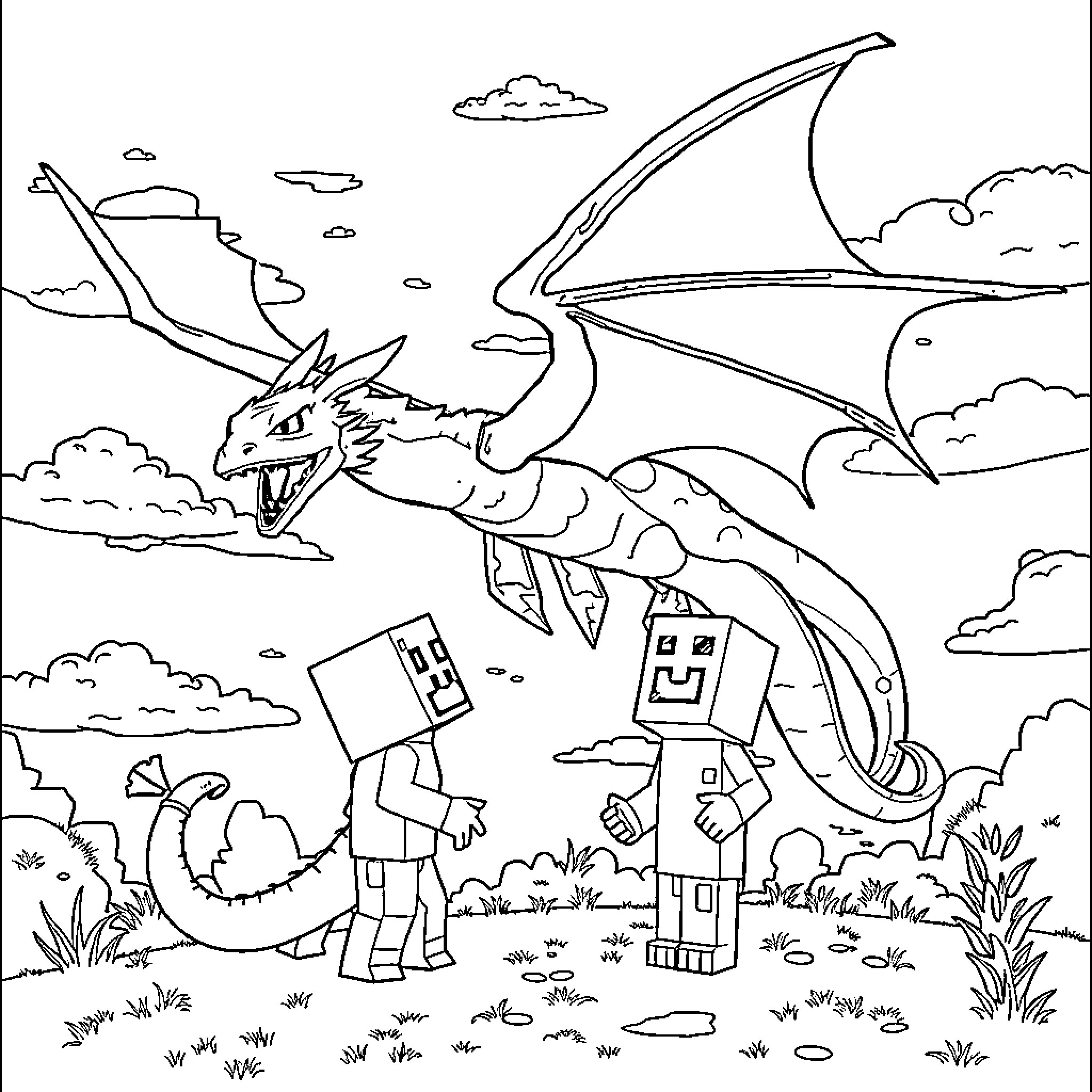 Ender Dragon battling against Minecraft characters in a fantasy landscape Coloring Page (free black-and-white line drawing printable PDF for all, from beginners to advanced learners, including children, teens, adults, and seniors)