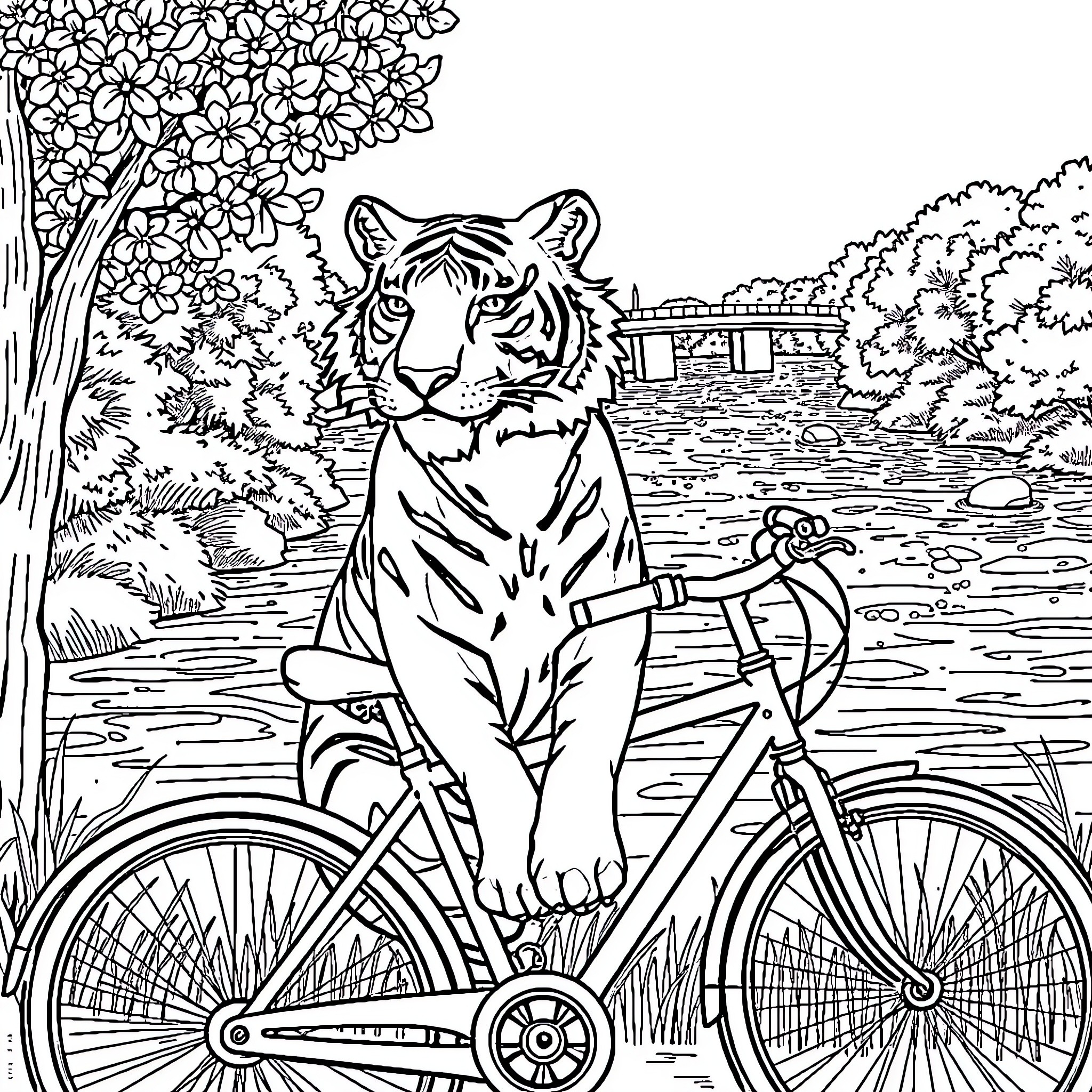 Tiger Riding a Bicycle in the Scenic Outdoors Coloring Page (free black-and-white line drawing printable PDF for all, from beginners to advanced learners, including children, teens, adults, and seniors)