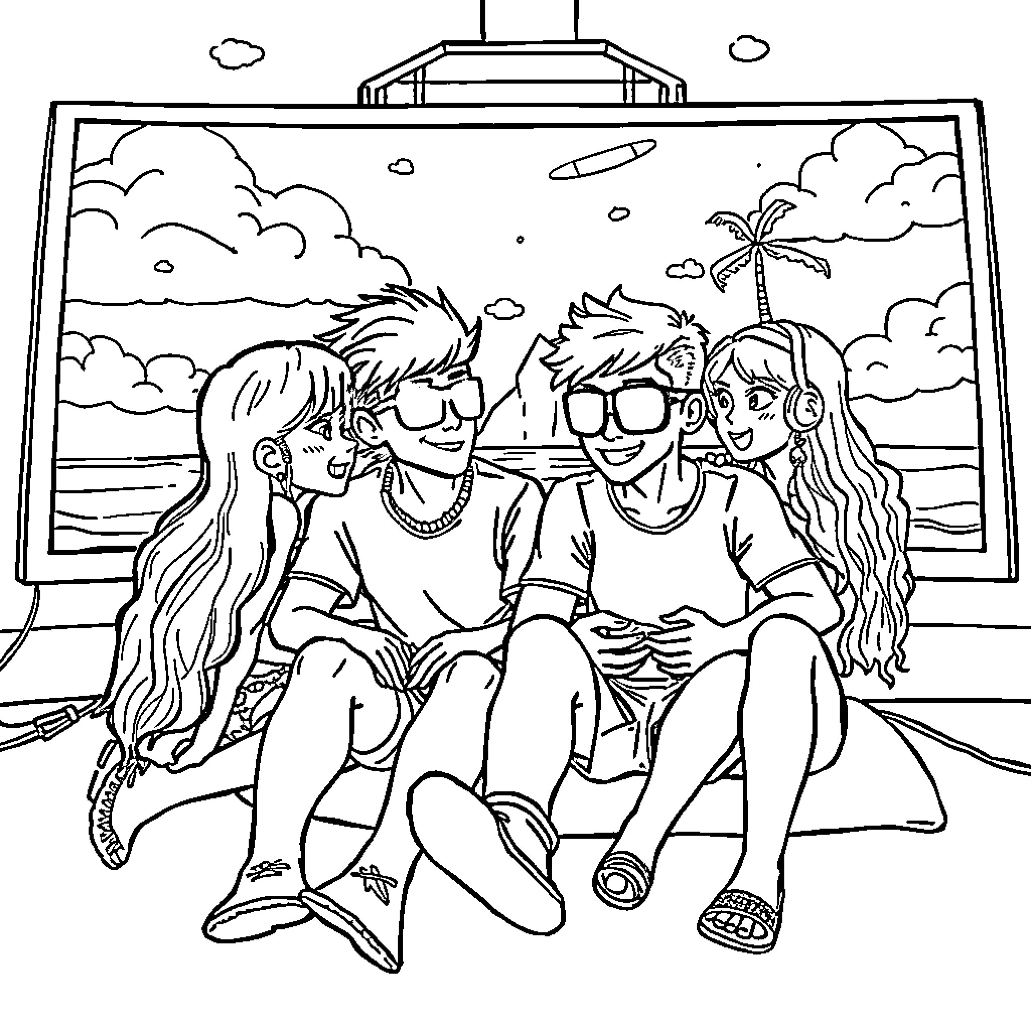 Four friends enjoying a beach vacation Coloring Page (free black-and-white line drawing printable PDF for all, from beginners to advanced learners, including children, teens, adults, and seniors)