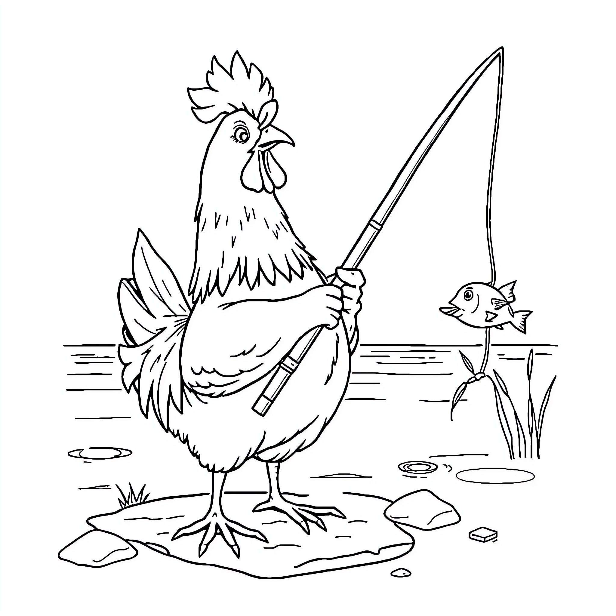 Chicken fishing with a rod in the pond Coloring Page (free black-and-white line drawing printable PDF for all, from beginners to advanced learners, including children, teens, adults, and seniors)