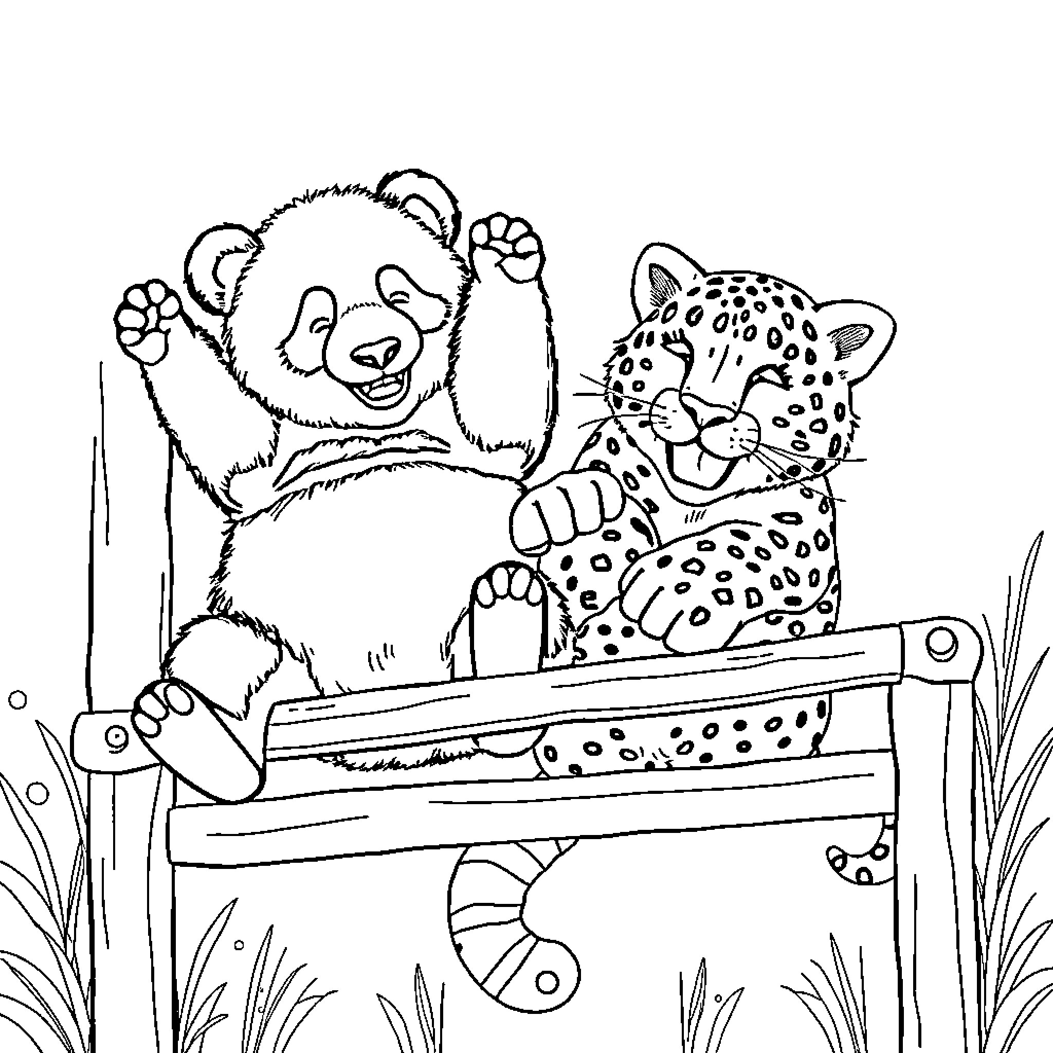 Panda and Leopard Playing Together Coloring Page (free black-and-white line drawing printable PDF for all, from beginners to advanced learners, including children, teens, adults, and seniors)