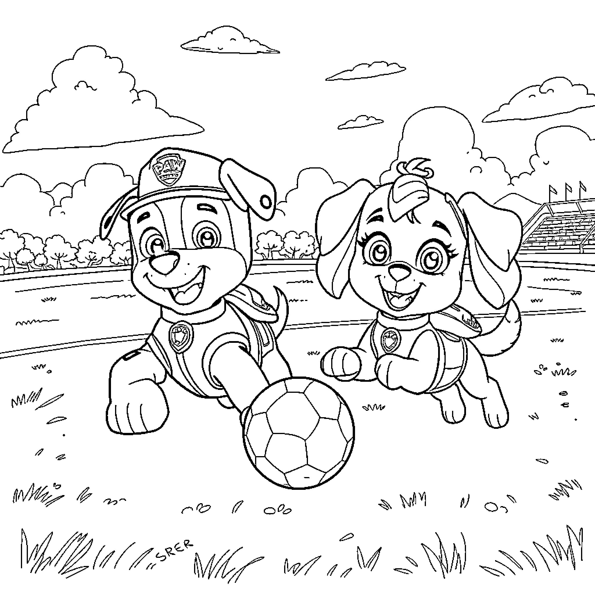 Paw Patrol characters playing soccer on the field Coloring Page (free black-and-white line drawing printable PDF for all, from beginners to advanced learners, including children, teens, adults, and seniors)