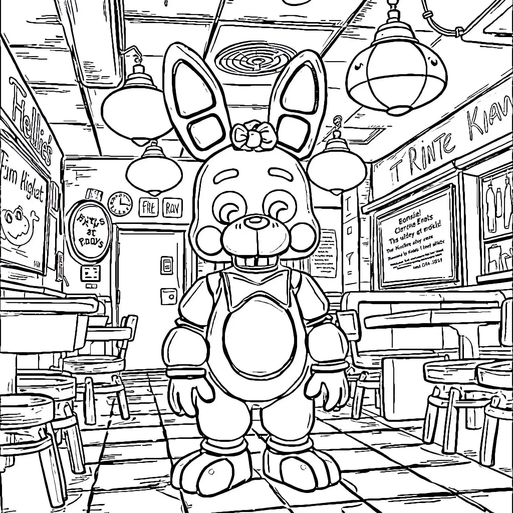 Bonnie's Spooky Fun in the Diner Coloring Page (free black-and-white line drawing printable PDF for all, from beginners to advanced learners, including children, teens, adults, and seniors)