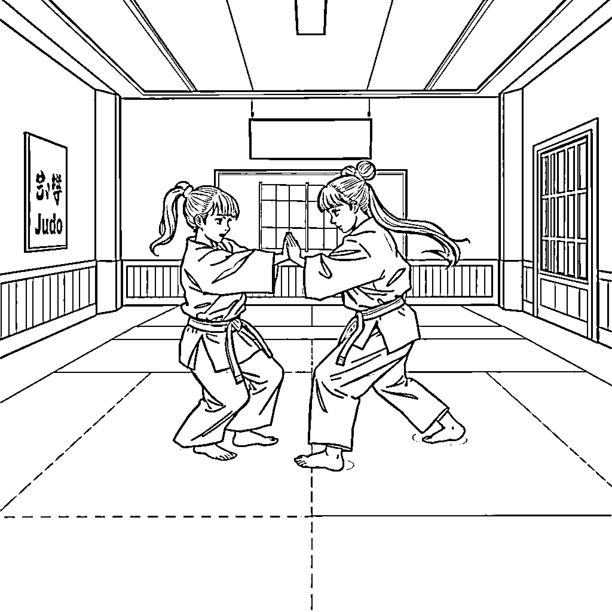 Judo Girls Training Intensely in Dojo Coloring Page (free black-and-white line drawing printable PDF for all, from beginners to advanced learners, including children, teens, adults, and seniors)
