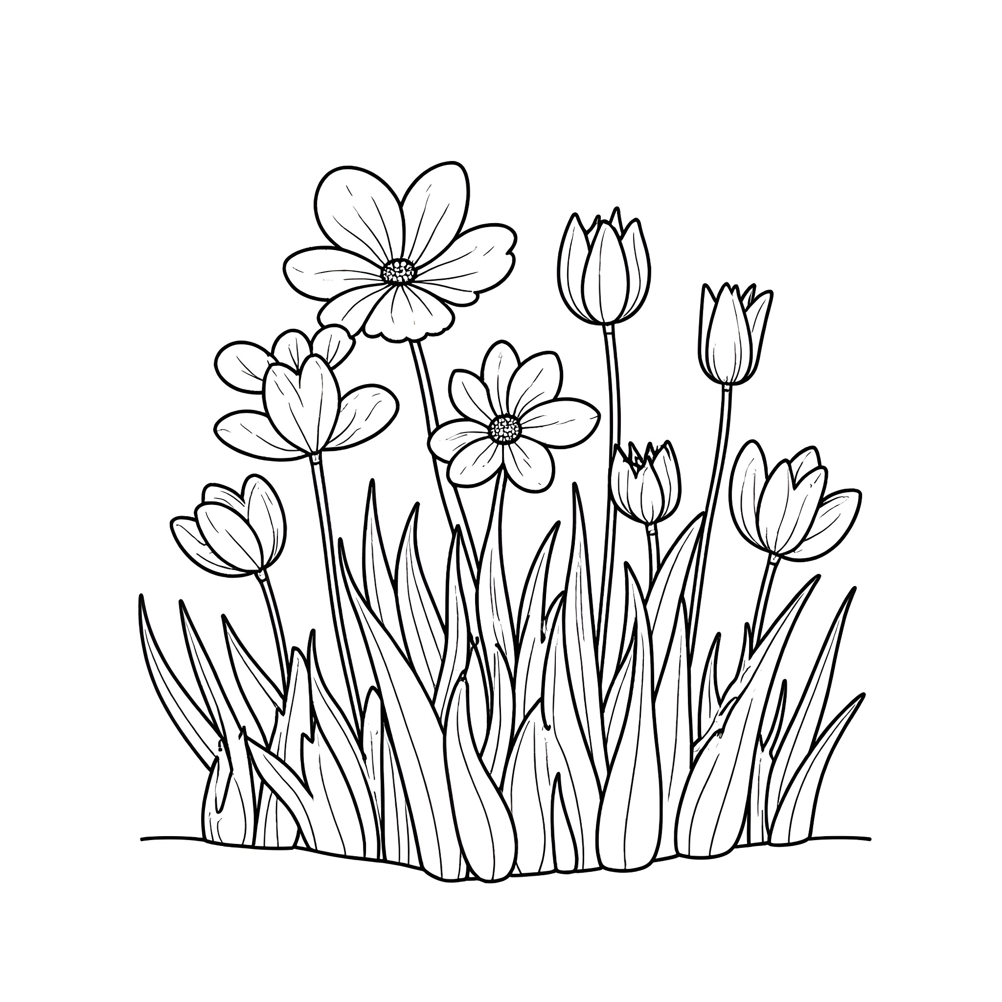 Flower garden with blooming tulips and daisies Coloring Page (free black-and-white line drawing printable PDF for all, from beginners to advanced learners, including children, teens, adults, and seniors)